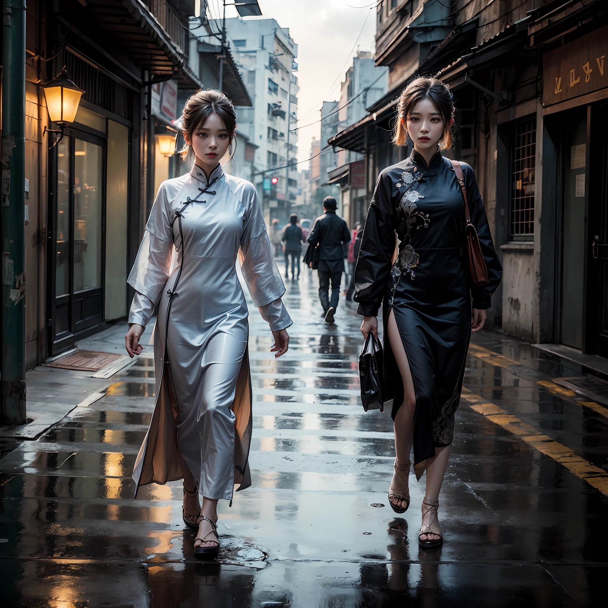 Aodai vietnam, street, the city pari, epic realistic, photo, faded, complex stuff around, intricate background, soaking wet, neutral colors, ((((hdr)))), ((((muted colors)))), intricate scene, artstation, intricate details, vignette