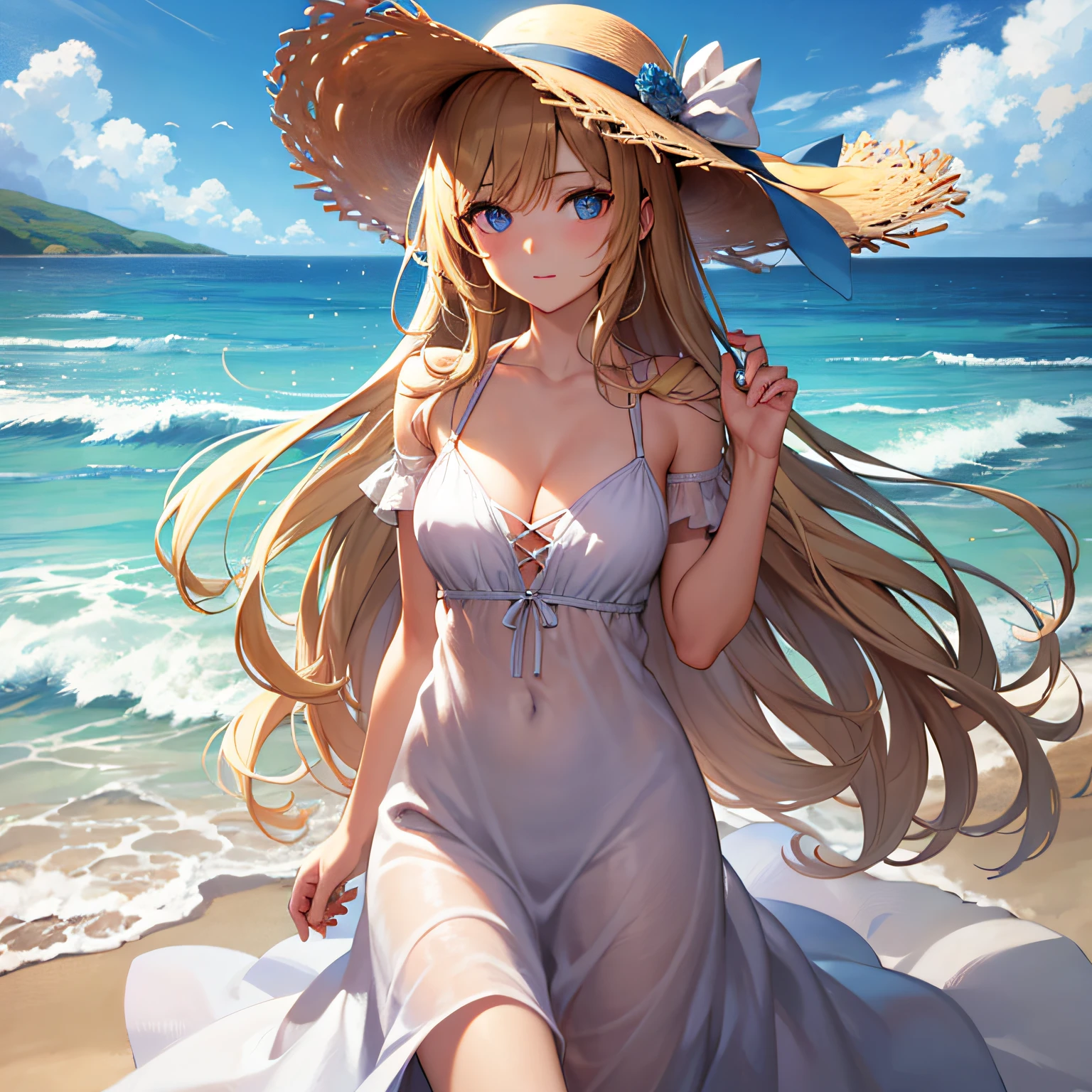 girl, masterpiece, best quality, blonde lady, midsummer beach, white dress, sun, blue sky, outdoors, long hair, blue eyes, peeping gaze, holding straw hat with hand, wind blowing, whole body, standing on the beach, very detailed