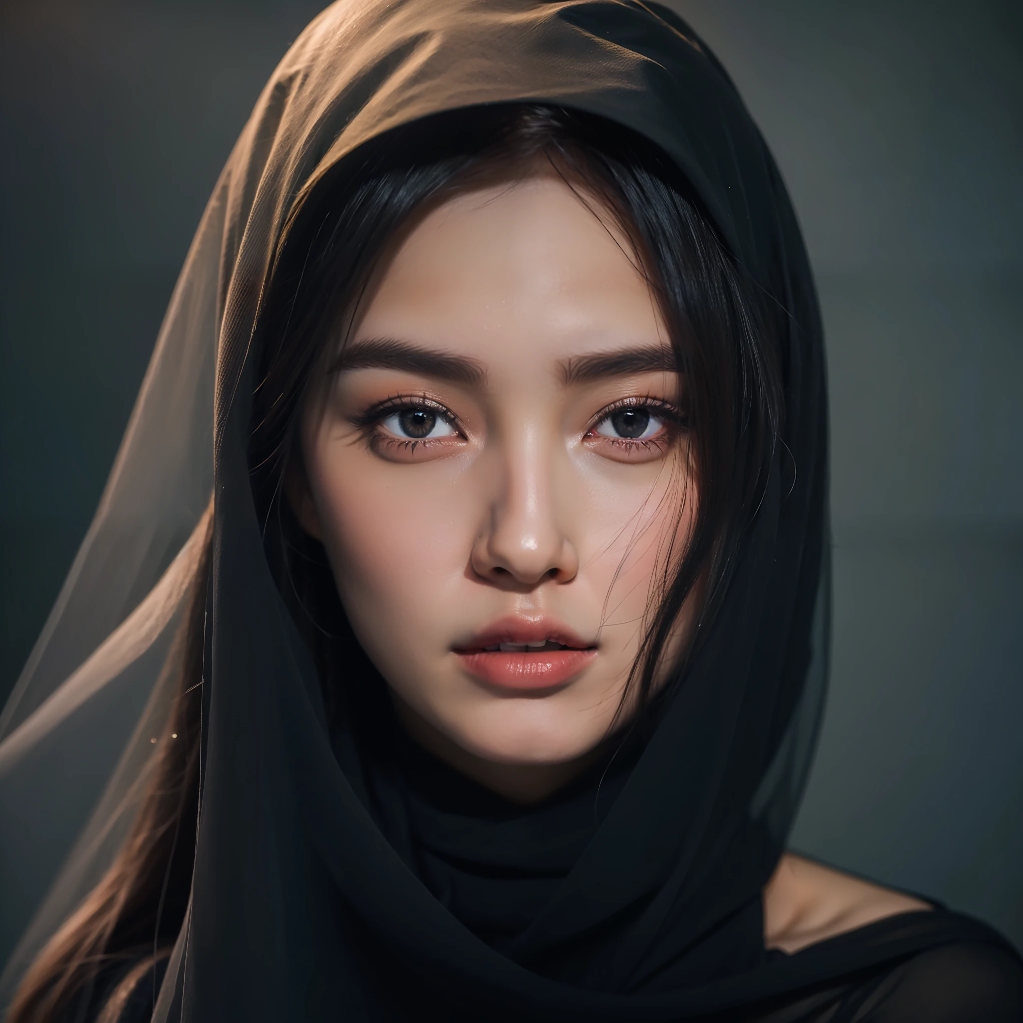 8K, RAW photo, high quality, realistic, full body photo, 1 girl, super detailed face, black veil, in the crater