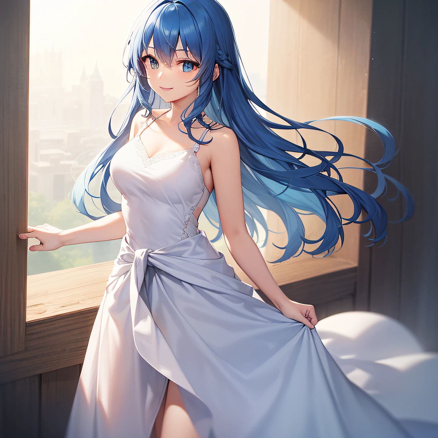 top quality, very delicate and beautiful, late twenties, gentle, busty, (((blue hair)), long hair to the waist, white dress, blue eyes, standing, smile,
