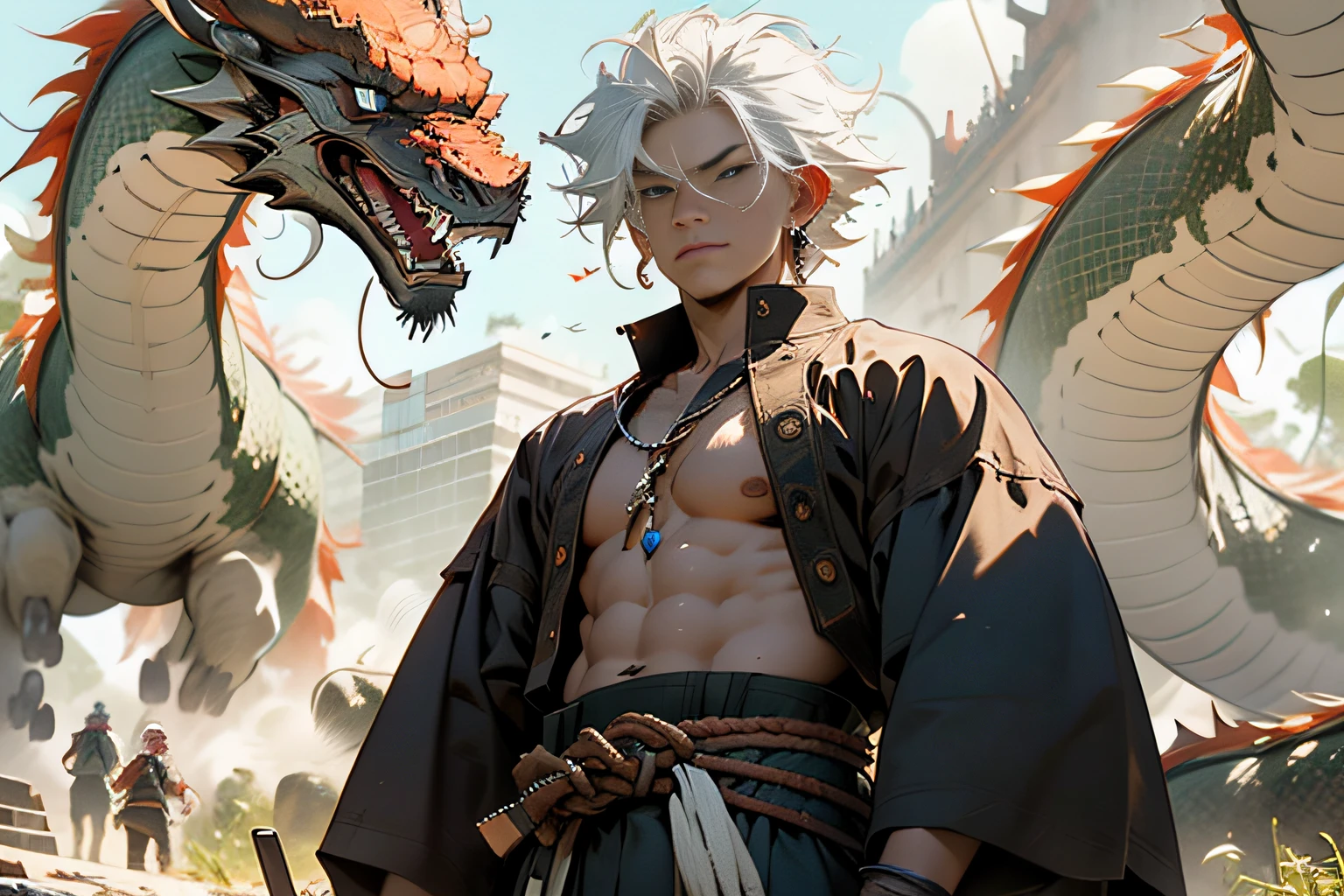 Realistic, (Masterpiece, Top Quality, Best Quality, Official Art, Beauty and Aesthetics: 1.2), (Panorama Composition), Very Detailed, Fractal Art, Colorful, Most Detailed, Zentangle, (1boy:1.3), God, White Hair, Long White Hair, Handsome Man, Sword, Samurai Style, Pectals, Abs, Movie Lights, Magic, Fire Magic, (White Dragon), Dragon Quest,