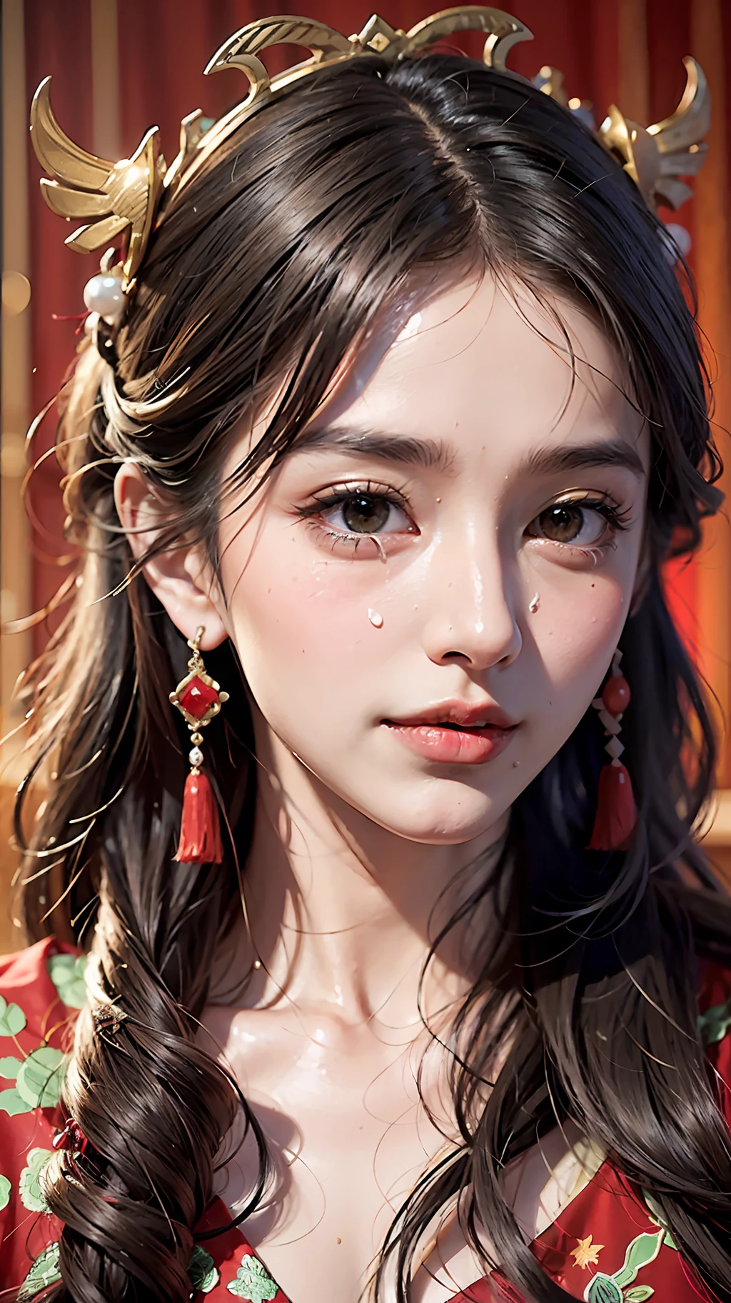 Portrait of Figures, Ancient China, Oriental Women, Tang Style, Double Happiness Background, Wedding Room, Cave Room, Costume Bride, Red Wedding Dress, Red Han Dress, Phoenix Crown Xia Curtain, Hair Coiled, Full of Pearls, Flower Dan Between Eyebrows, Red Candle, Candlelight Illuminates the Room, Best Quality, Original, Very Detailed Masterpiece, Very Detailed CG, Delicate Face, Divinity, Masterpiece, Delicate Face, Smile, 4K Picture Quality, Girl, Hanfu, Black Hair, Bun, Hair Ornament, Jewelry, Exquisite Face, Red clothes, golden patterns, phoenix crown curtain, red wedding dress, newlyweds, festive, delicate skin, soft light effects, delicate and smooth hair, exquisite details, eye highlights, fair skin, fine portrayal, extreme details, cinematic picture quality, charming, thin, cute, slender, well-behaved, shy, black eyes, indoor, candlelight, romantic, warm, (crying: 1.5), (crying)))), (((tears))), tsurime, makeup, sad, depressed, sulking, sobbing, lonely, disappointed, crying, tearing up, tears, tears, tears, tears, Surrealism, ray tracing, UHD, high details, super detail, highres, 8k, high quality, high details, textured skin, ccurate, anatomically correct, best quality, highres, high quality, textured skin, high details, anatomically correct, super detail, anatomically correct, anatomically correct