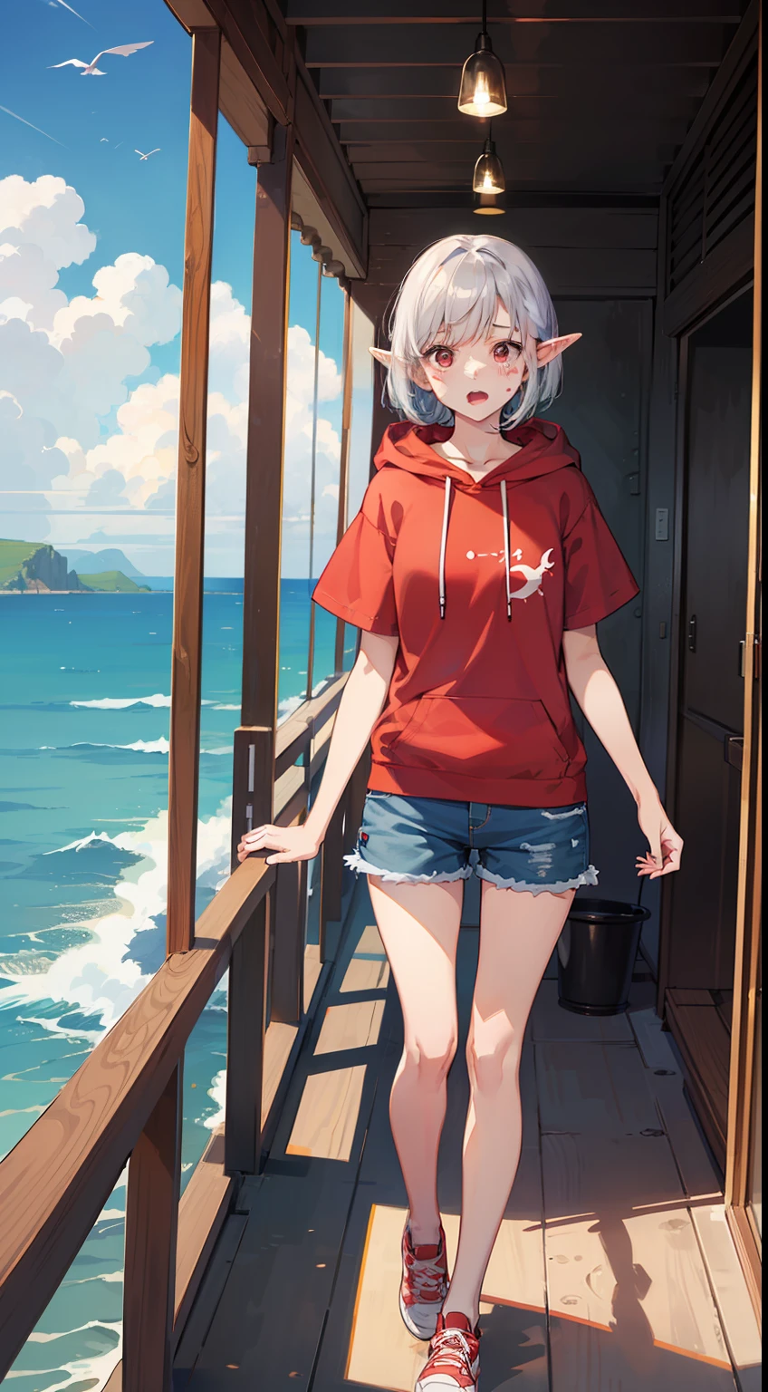 ((Put your hands on your face)), ((surprised)), (Red face), 1 girl's full body, Elf, Silver hair, Red eyes, Bob cut, Braided hair, Hoodie, Short sleeves, Shorts, Sea, Overlooking the sea, TS, Concept art, Beautiful anime scene, Beautiful anime scenery, Top quality, Masterpiece