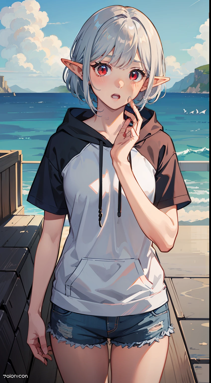 ((Put your hands on your face)), ((surprised)), (Red face), 1 girl's full body, Elf, Silver hair, Red eyes, Bob cut, Braided hair, Hoodie, Short sleeves, Shorts, Sea, Overlooking the sea, TS, Concept art, Beautiful anime scene, Beautiful anime scenery, Top quality, Masterpiece