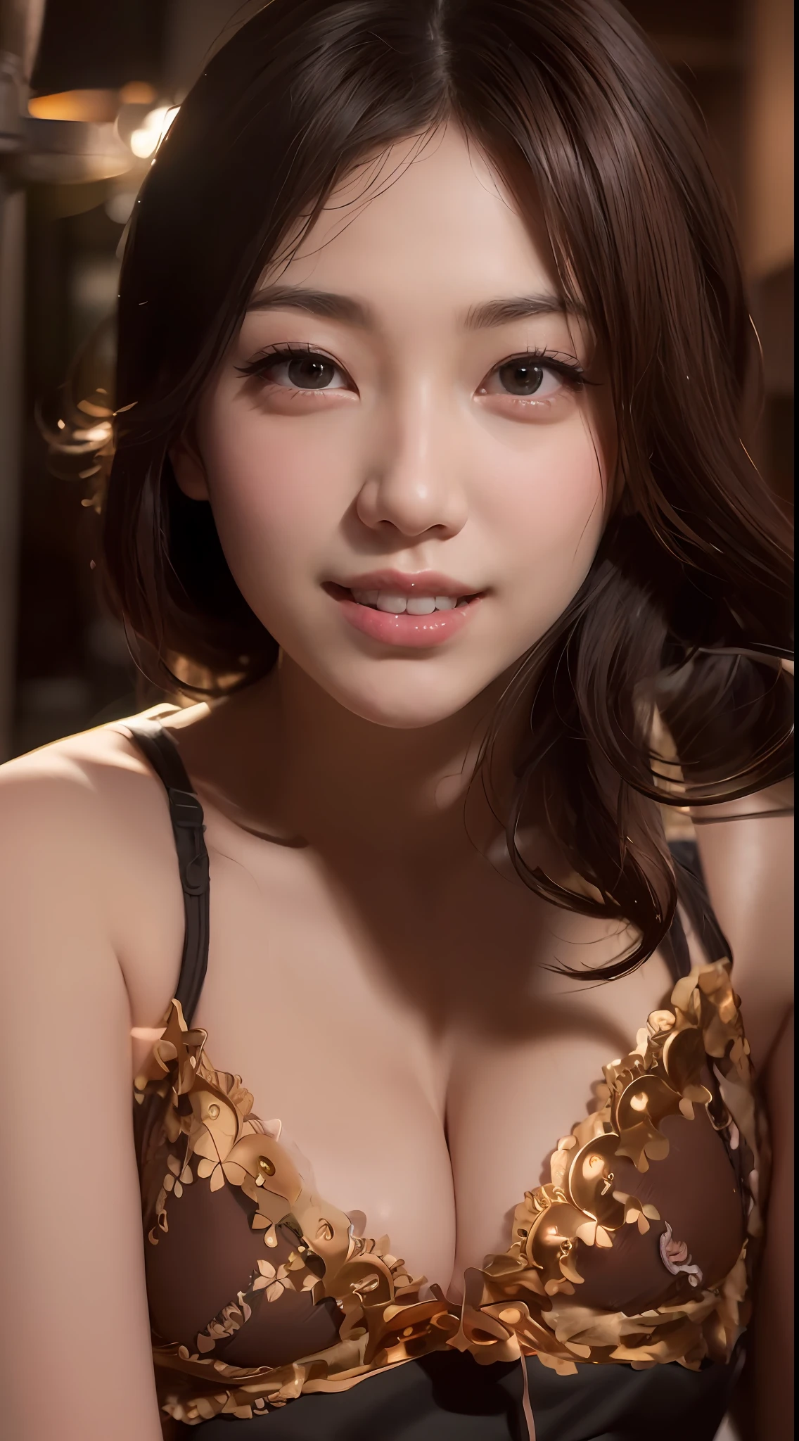 (8K, highest quality, masterpiece: 1.3), (realistic, photorealistic: 1.4), ultra high definition, (cleavage), (japanese female), (high-definition cute face), (giga breasts), brown hair, ponytail hair, professional lighting, (closed mouth: 1.2), blush, smile, stooped posture, outdoor