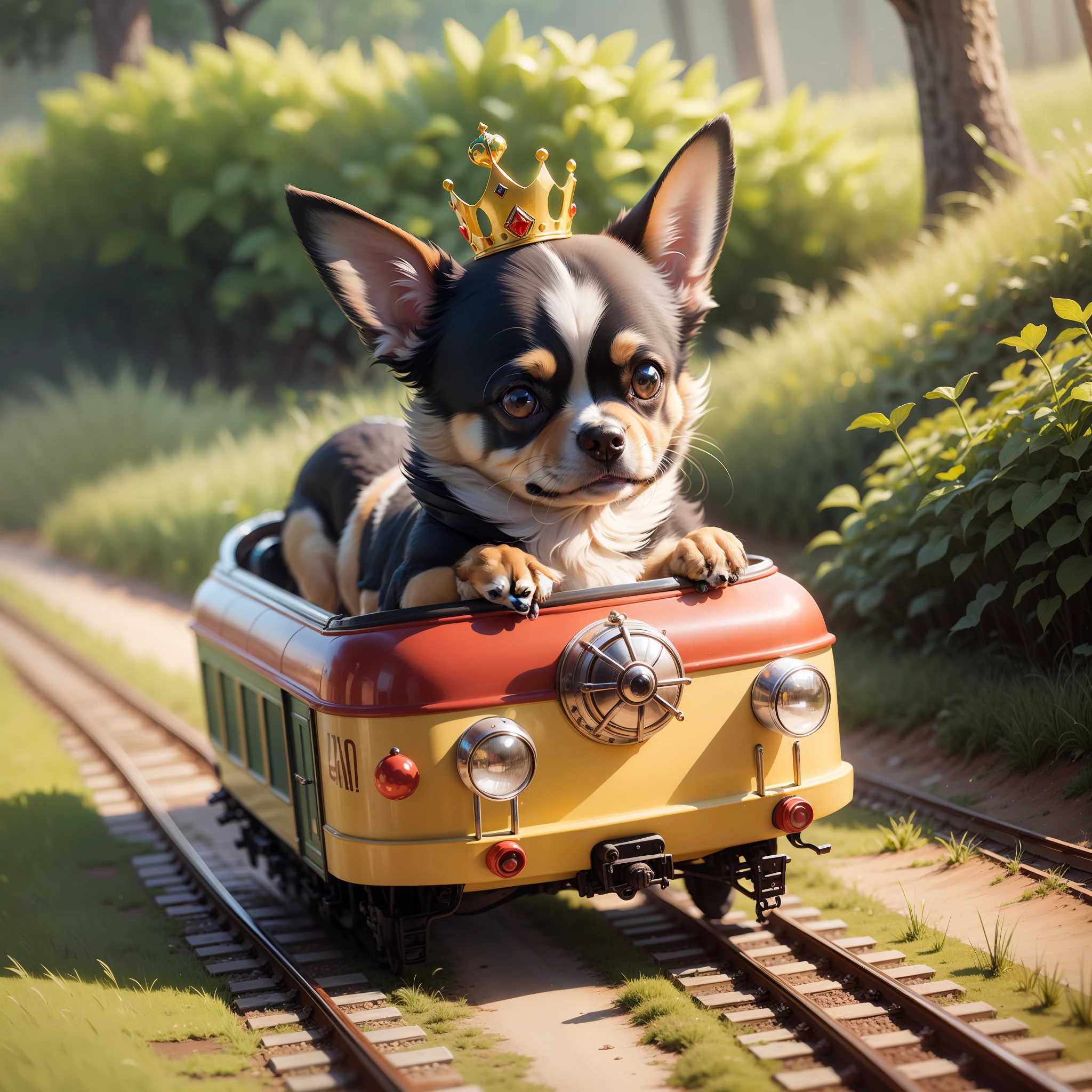 super cute chihuahua wearing a princess tiara and riding in cute little train on a bright sunny day