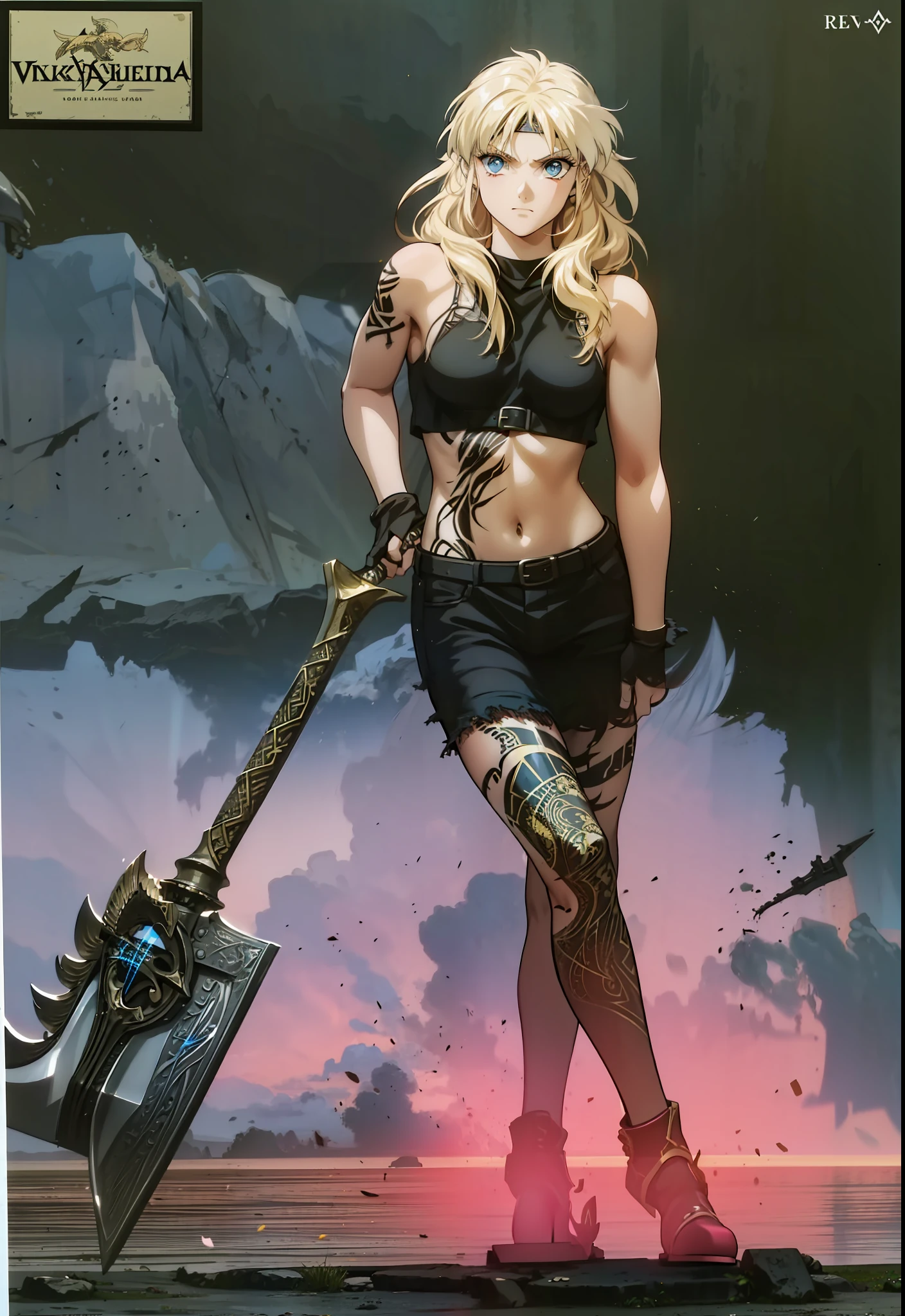 Boadicea, red-haired Viking warrior with Nordic armor and rune tattoos on her body and blooming blue eyes holding an axe, 4k