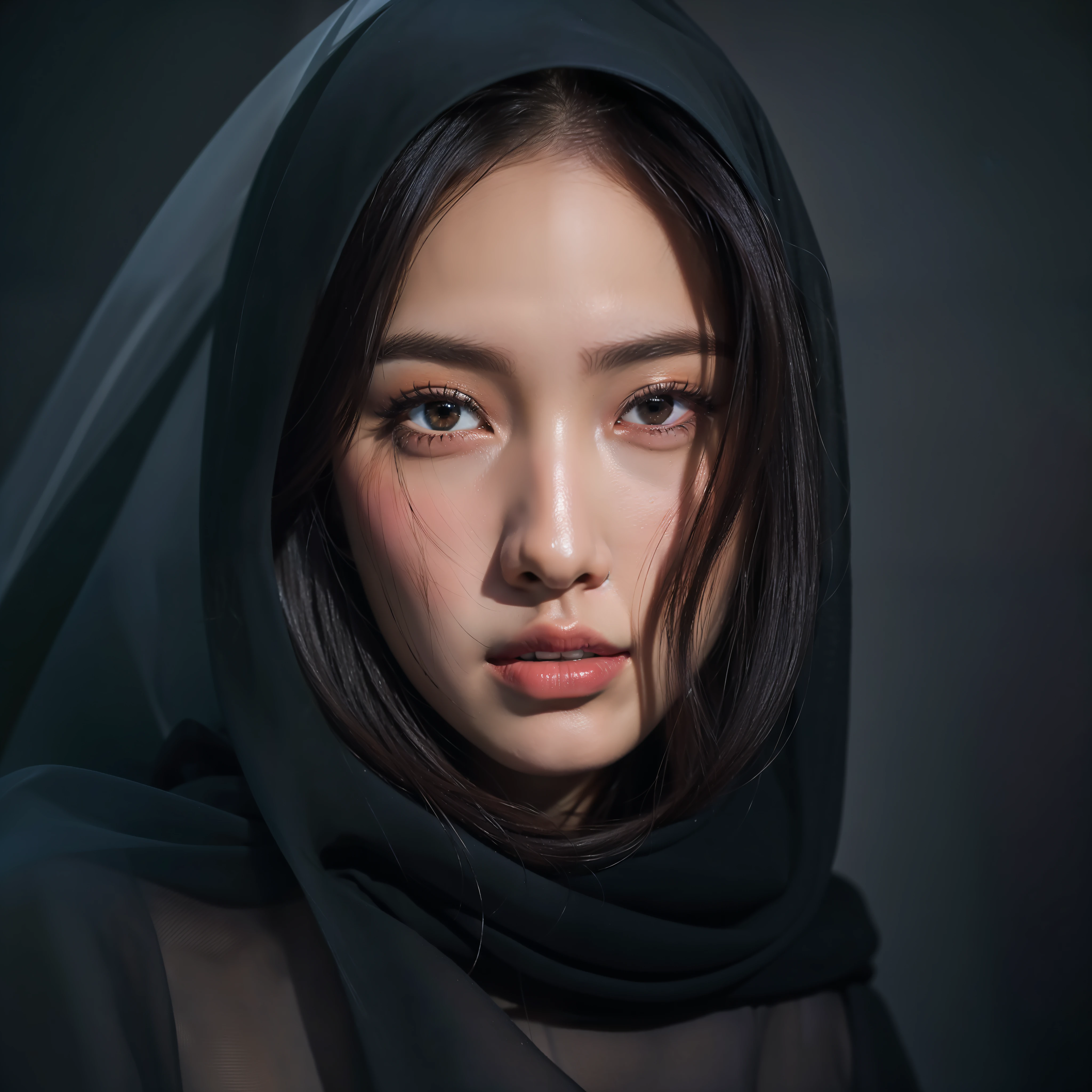 8K, RAW photo, high quality, realistic, full body photo, 1 girl, super detailed face, black veil, in the crater