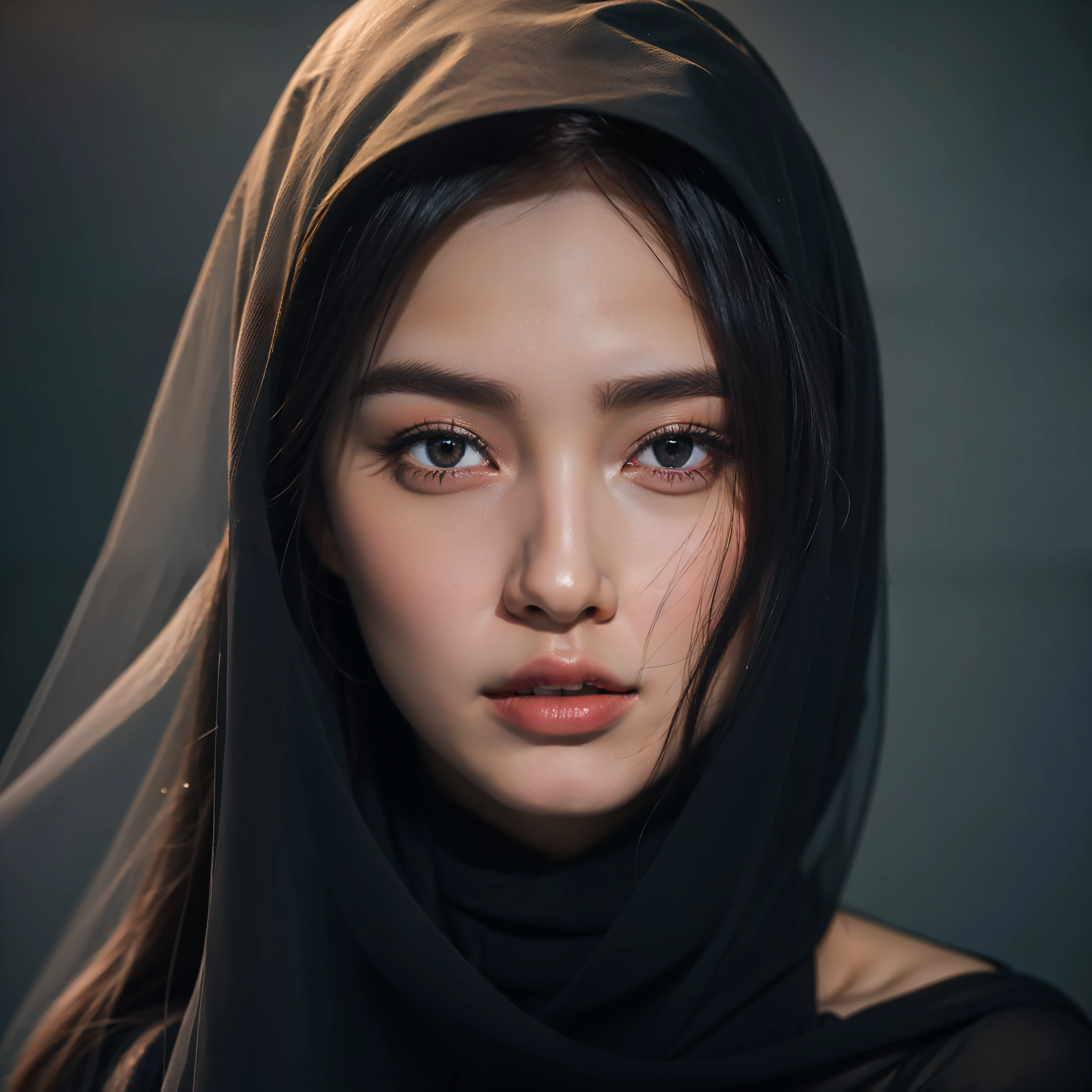 8K, RAW photo, high quality, realistic, full body photo, 1 girl, super detailed face, black veil, in the crater