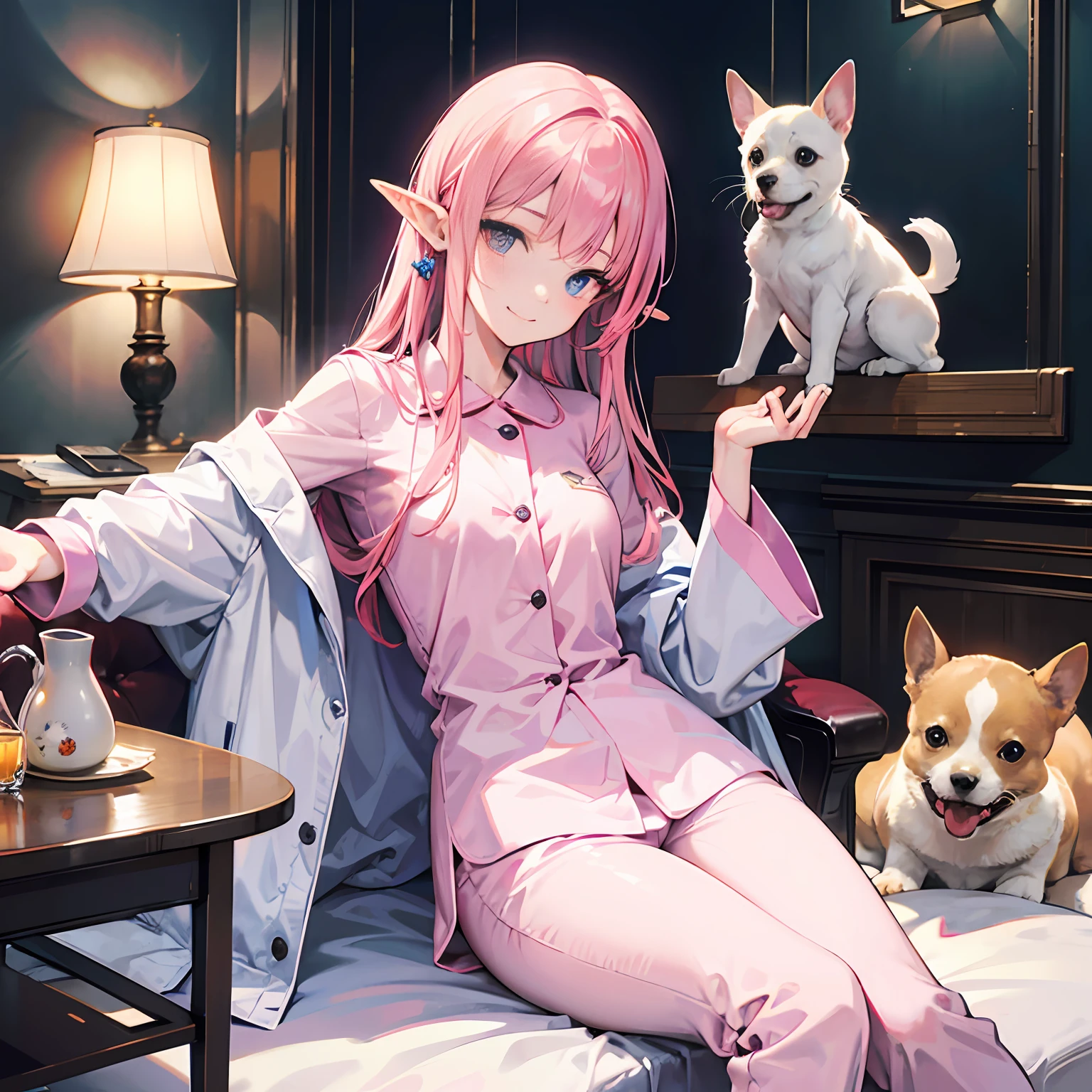 Masterpiece, high image quality, high definition, skeleton faithful to human anatomy, pale color, realistic eyes, kind eyes, detailed illustration, waterside, fantastic landscape, vertical elliptical face, young beauty elf, mouth closed, thin long ears, long pink hair, straight hair, smile, one woman in white pajamas, one puppy, playing with a puppy long coat Chihuahua, on the bed,