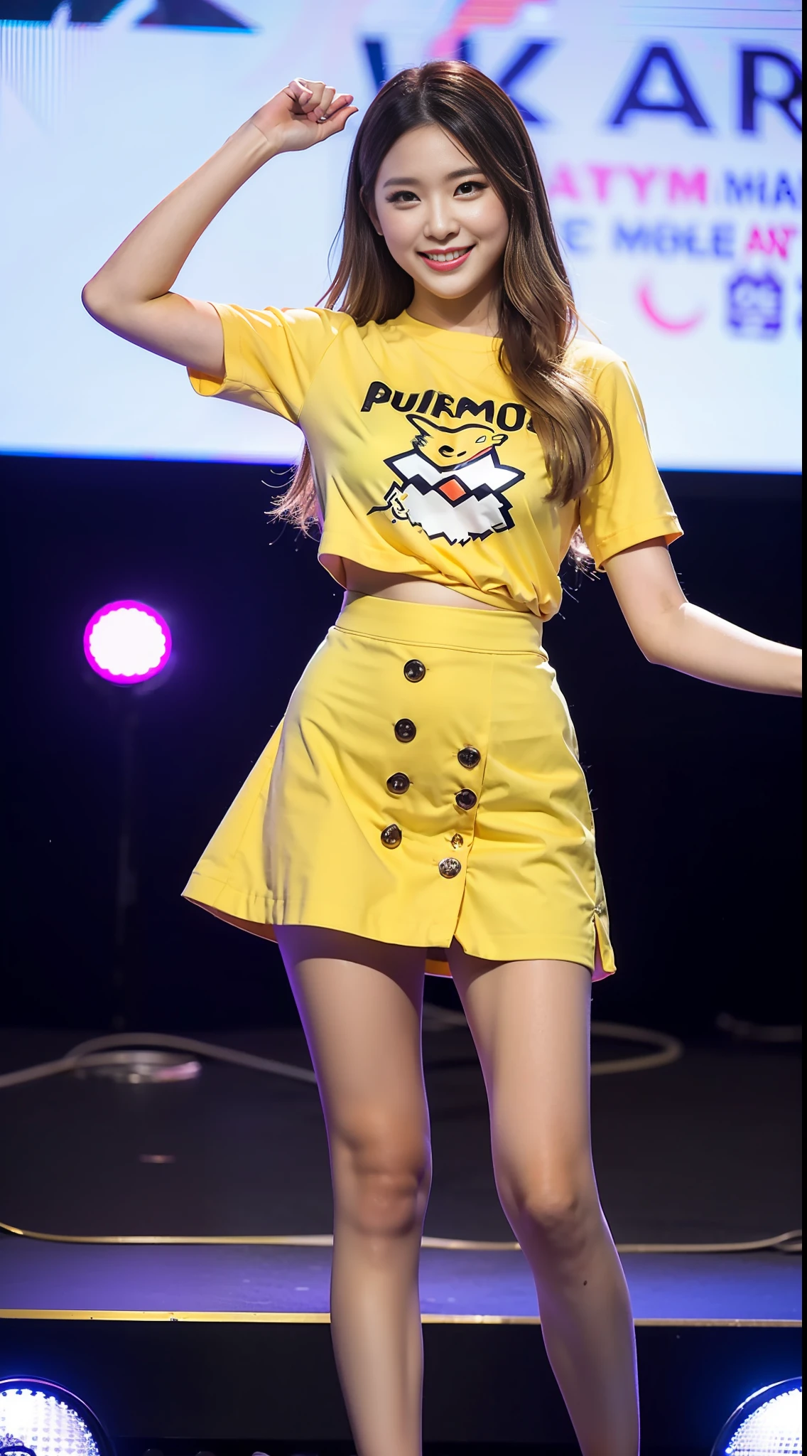 1girl, (best quality, masterpiece, ultra high resolution), (realistic:1.3), (realistic:1.3), depth of field, (shut up), (smile:1.2), (expressive hair:1.2), (floating hair:1.2), upper body, (room), (breast focus), yellow shirt, Pikachu pattern clothing, Pikachu pattern, Pikachu pattern, Pikachu pattern, (t-shirt/), (buttons), (pencil skirt: 1.2), soft light, plump, lively and seductive, (Only one girl: 1.2), (Outdoor: 1.3), (Road: 1.2), (Street: 1.2), (Trees: 1.2), (Amusement park: 1.2), (Standing: 1.2), (slender), (slender legs), (Long legs: 1.3), shiny skin, Nose blush, (facing the audience),
