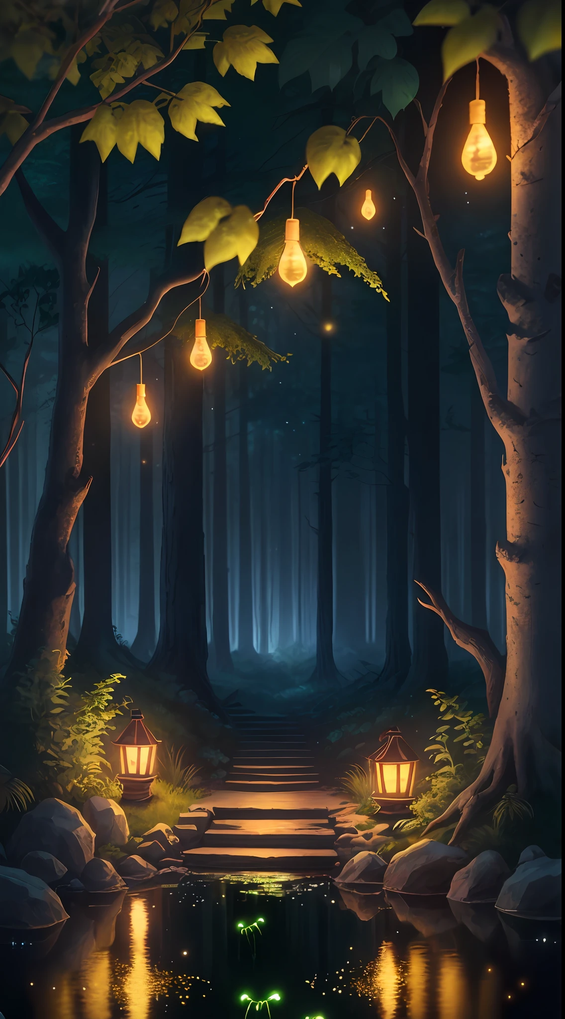 Masterpiece, best quality, (very detailed CG unity 8k wallpaper), (best quality), (best illustration), (best shadows), glow sprite, with a glowing deer, in the swimming pool Drinking water, natural elements in the forest theme. Mysterious forest, beautiful forest, nature, surrounded by flowers, delicate leaves and branches surrounded by fireflies (natural elements), (jungle theme), (leaves), (twigs), (fireflies), (particle effects) etc. 3D , Octane rendering, ray tracing, super detailed