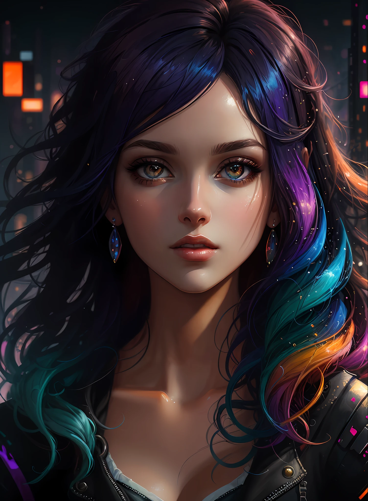 ((Best Quality)), ((Masterpiece)), (Real), (Details), (Details), (1 Woman) close-up portrait of woman with colorful hair, dreamy beautiful woman, 4K high-definition digital art, stunning digital illustration, stunning 8K artwork, colorful digital fantasy art, colorful and dark, beautiful digital artwork, colorful digital painting, Cyberpunk Digital Anime Art, Portrait of Girl with Bright Waves, 8K HD Digital Wallpaper Art, Gorgeous Digital Painting