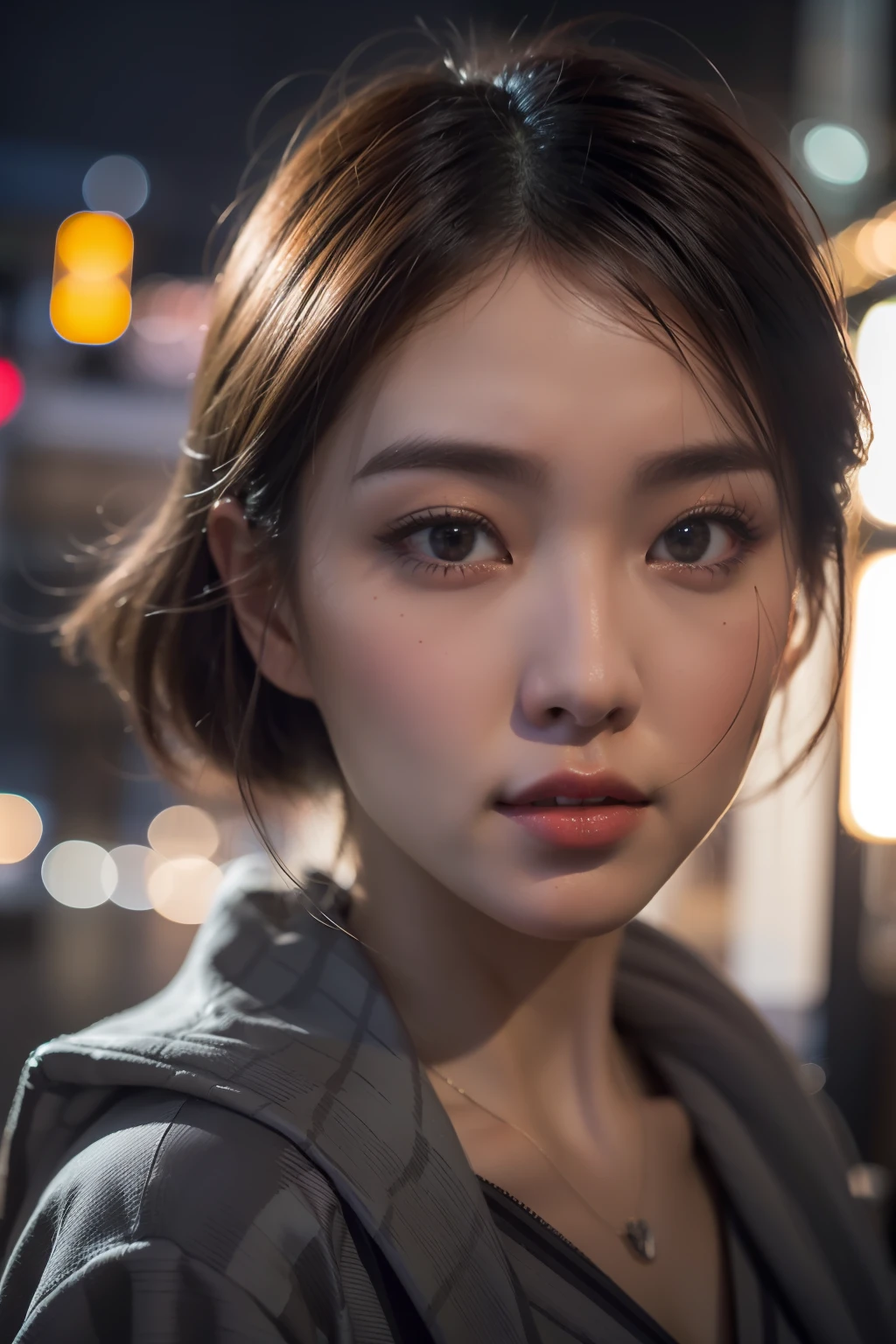 1girl, Tokyo street,night, cityscape,city lights, upper body,close-up, 8k, RAW photo, best quality, masterpiece,realistic, photo-realistic,