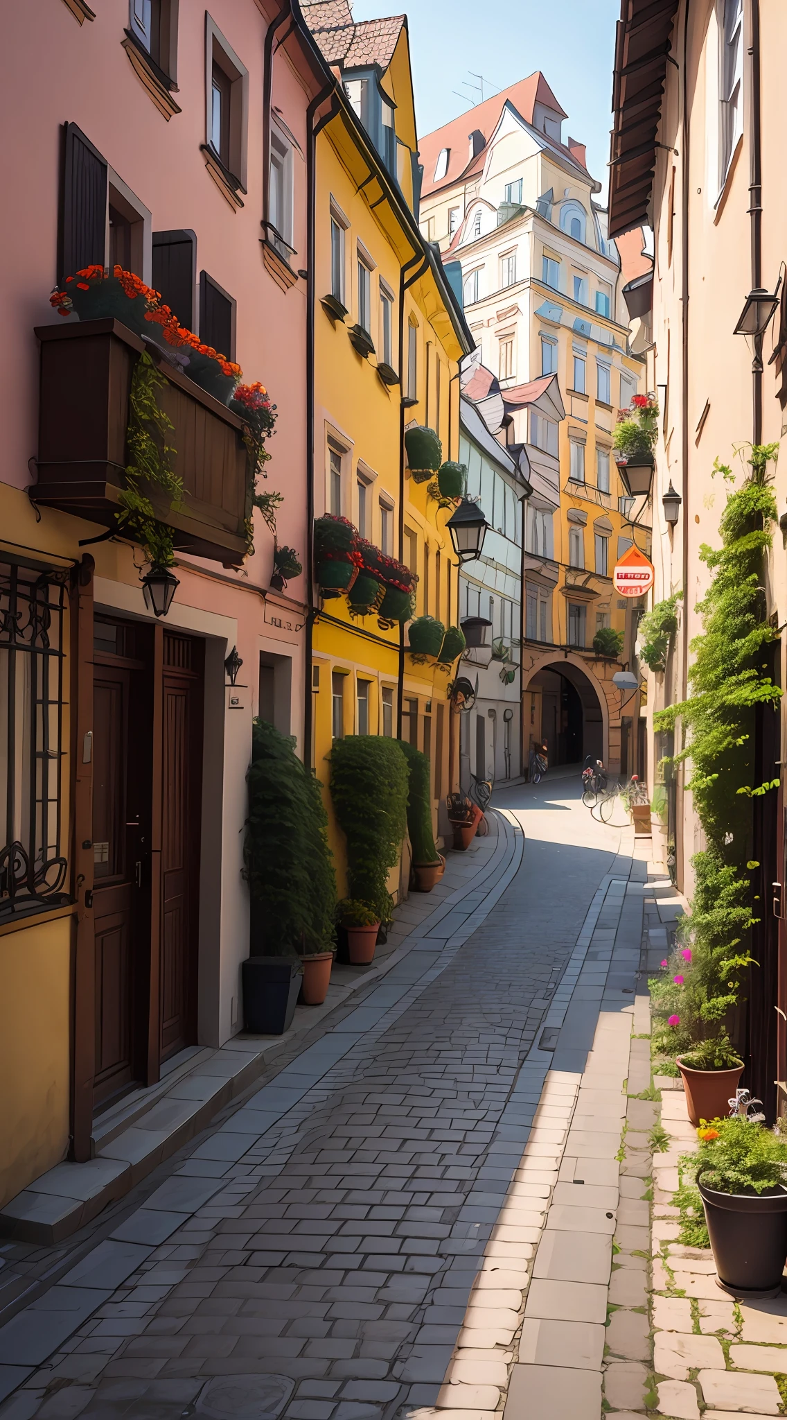 there is a street with a bench on the side of it, shutterstock, outdoors european cityscape, city streets, narrow street, city street at dusk, prefecture streets, narrow streets, budapest street background, photograph of the city street, dingy city street, sloped street, street of moscow, narrow and winding cozy streets, narrow, city street, streets of heidelberg