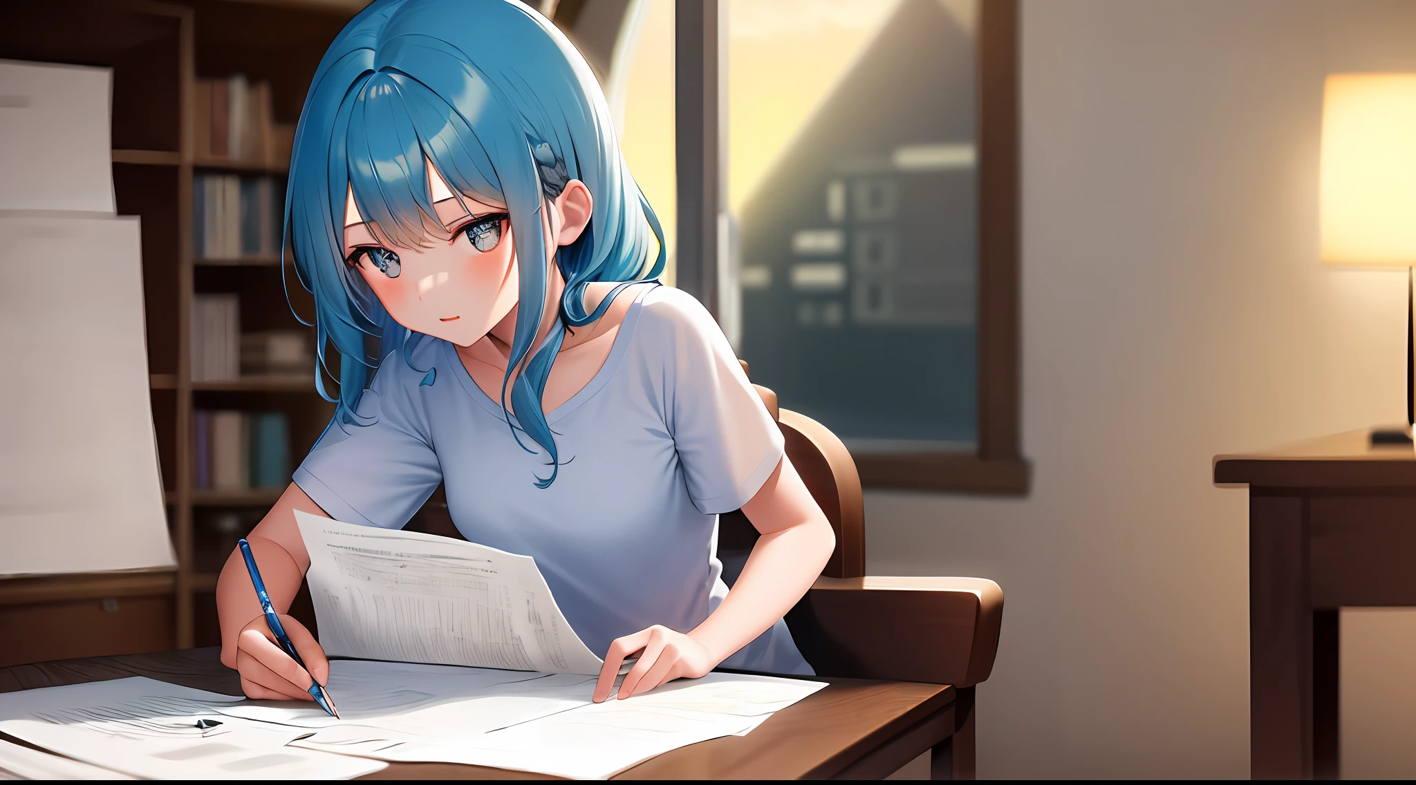 masterpiece, best quality, high resolution, one girl, loose t-shirt, girl sitting on chair studying drafting at desk, horizontal angle, studying seriously, paperwork, good luck studying, drafting, cute, pretty light blue hair, architect,