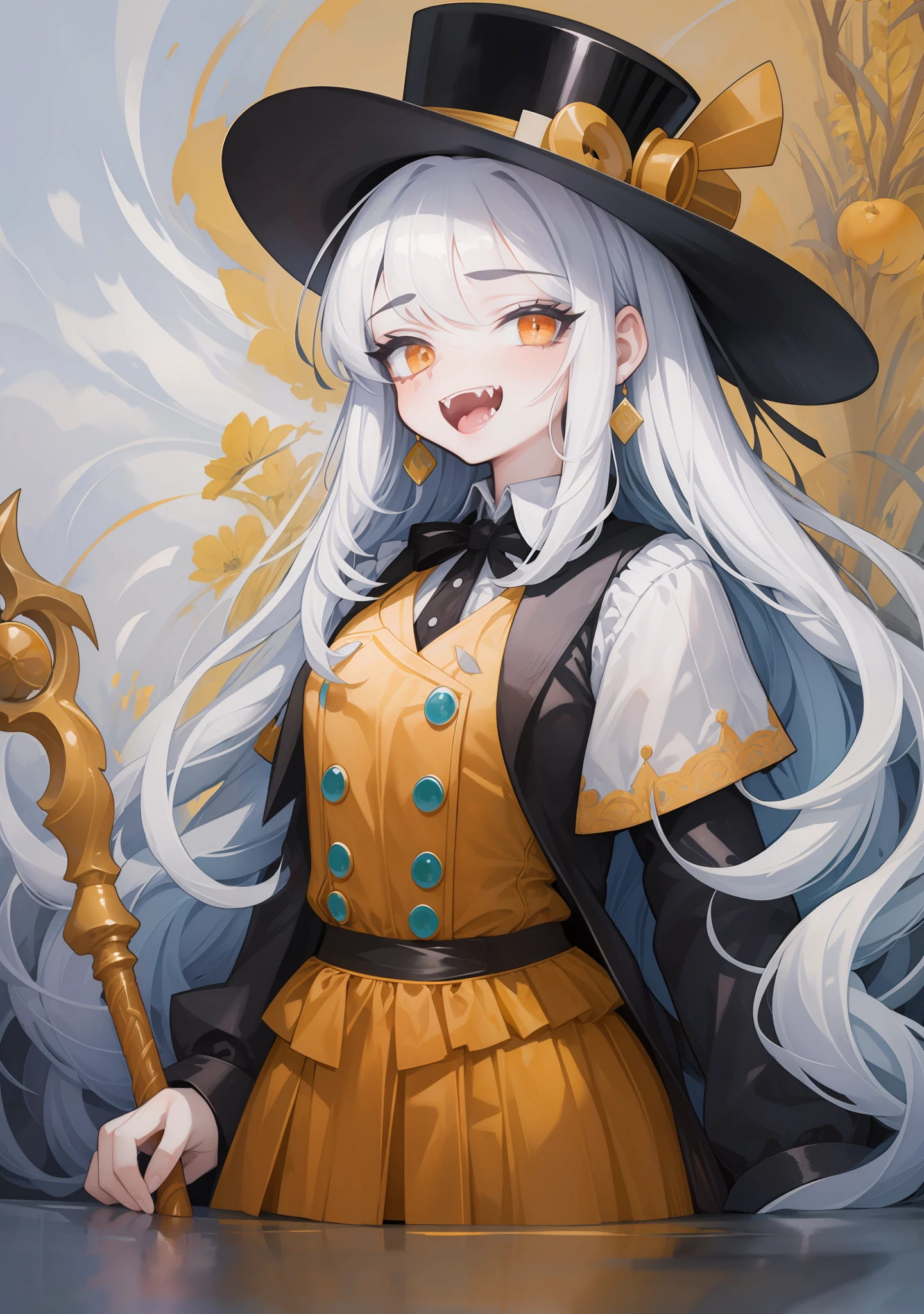 Illustration of the highest quality, with a high degree of detail, 1 girl dressed in a white shirt with a vest on top, a top hat on her head and a cane in her hands, with an evil smile, orange eyes, white hair, white snake, sharp fangs