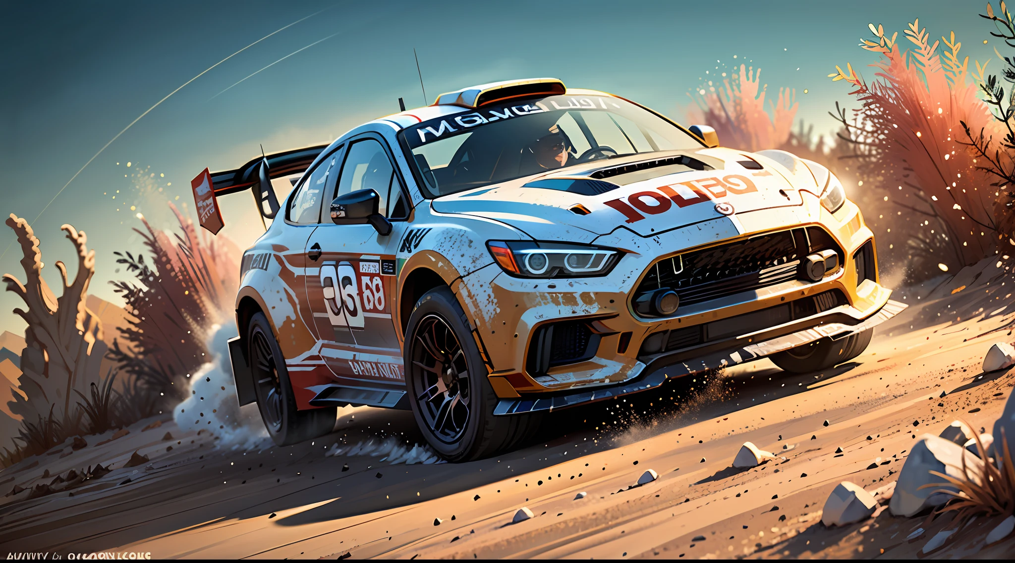 a race car, rally, dirty, speeding through badlands, badlands, dry terrain, speed lines effect, high details, vibrant colors, wallpaper