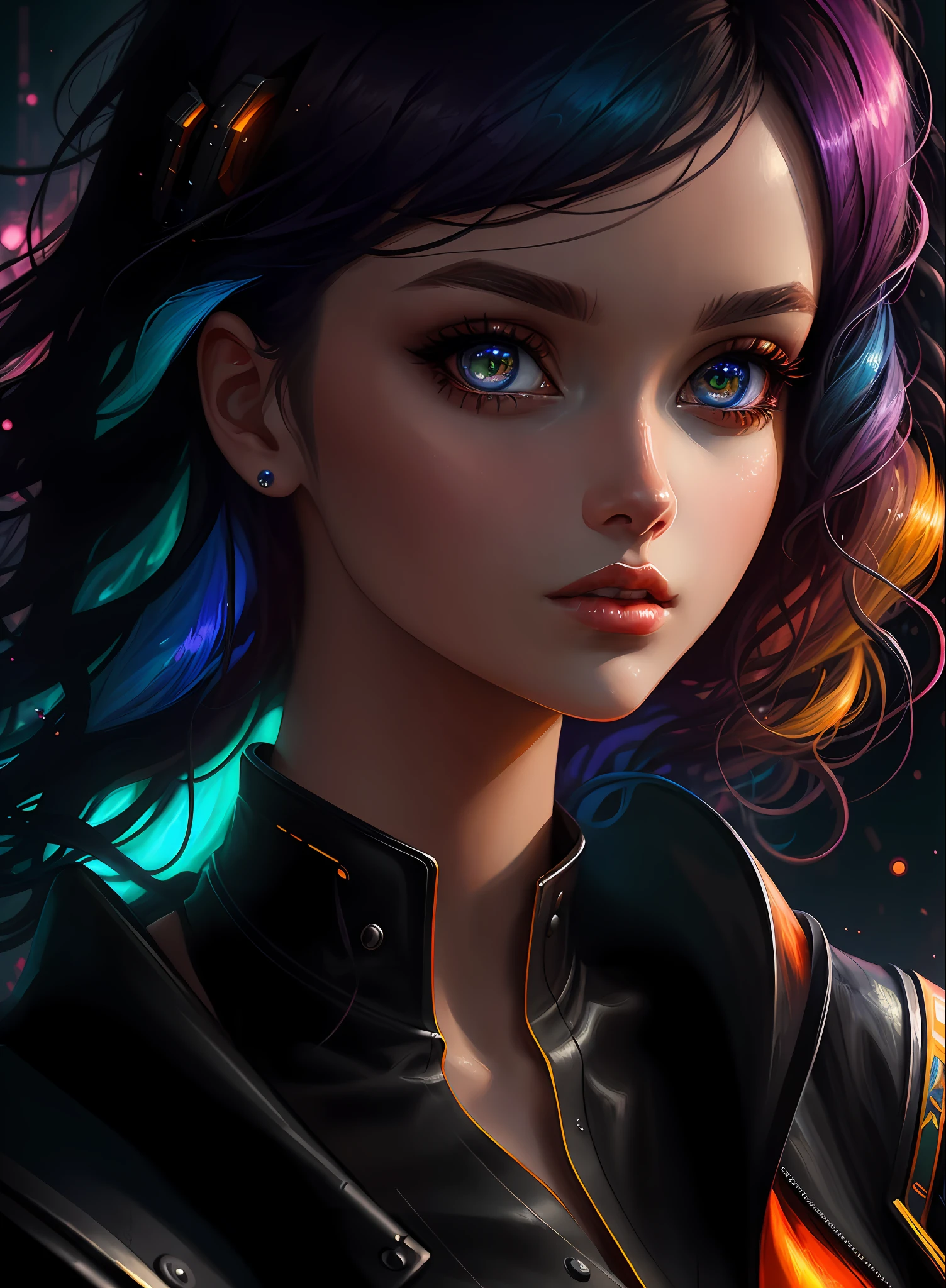 ((Best Quality)), ((Masterpiece)), (Real), (Details), (Details), (1 Woman) close-up portrait of woman with colorful hair, dreamy beautiful woman, 4K high-definition digital art, stunning digital illustration, stunning 8K artwork, colorful digital fantasy art, colorful and dark, beautiful digital artwork, colorful digital painting, Cyberpunk Digital Anime Art, Portrait of Girl with Bright Waves, 8K HD Digital Wallpaper Art, Gorgeous Digital Painting