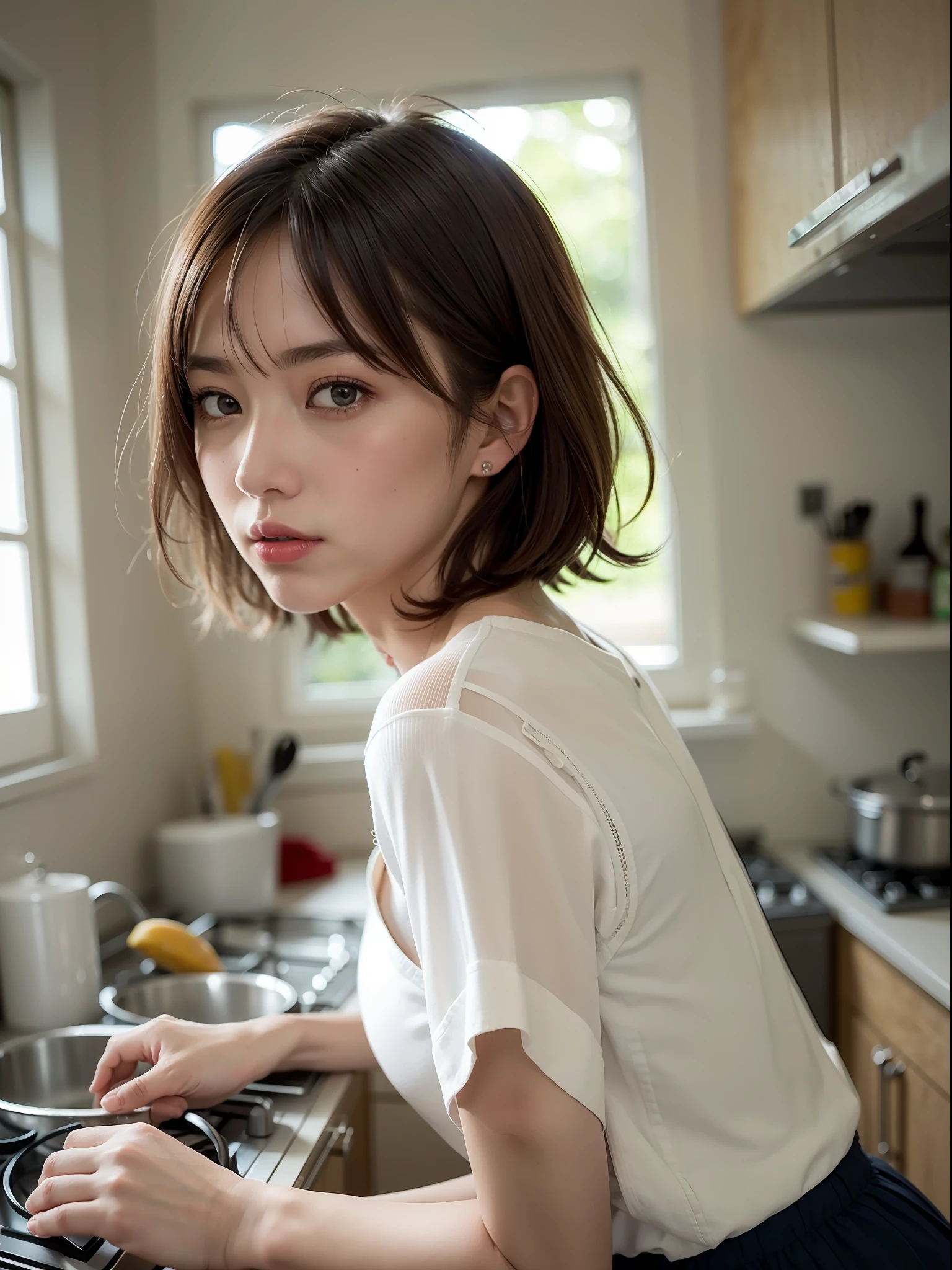((Best quality, 8k, Masterpiece: 1.3, raw photo)), Sharp focus: 1.2, (1 AESPA girl: 1.1), (realistic, photo-realistic:1.37), face focus, cute face, small breasts, flat chest, brunette short hair, cooking in a kitchen, back view, look back, uniqlo casual clothes, skirt, sunlight, cinematic lighting, from below