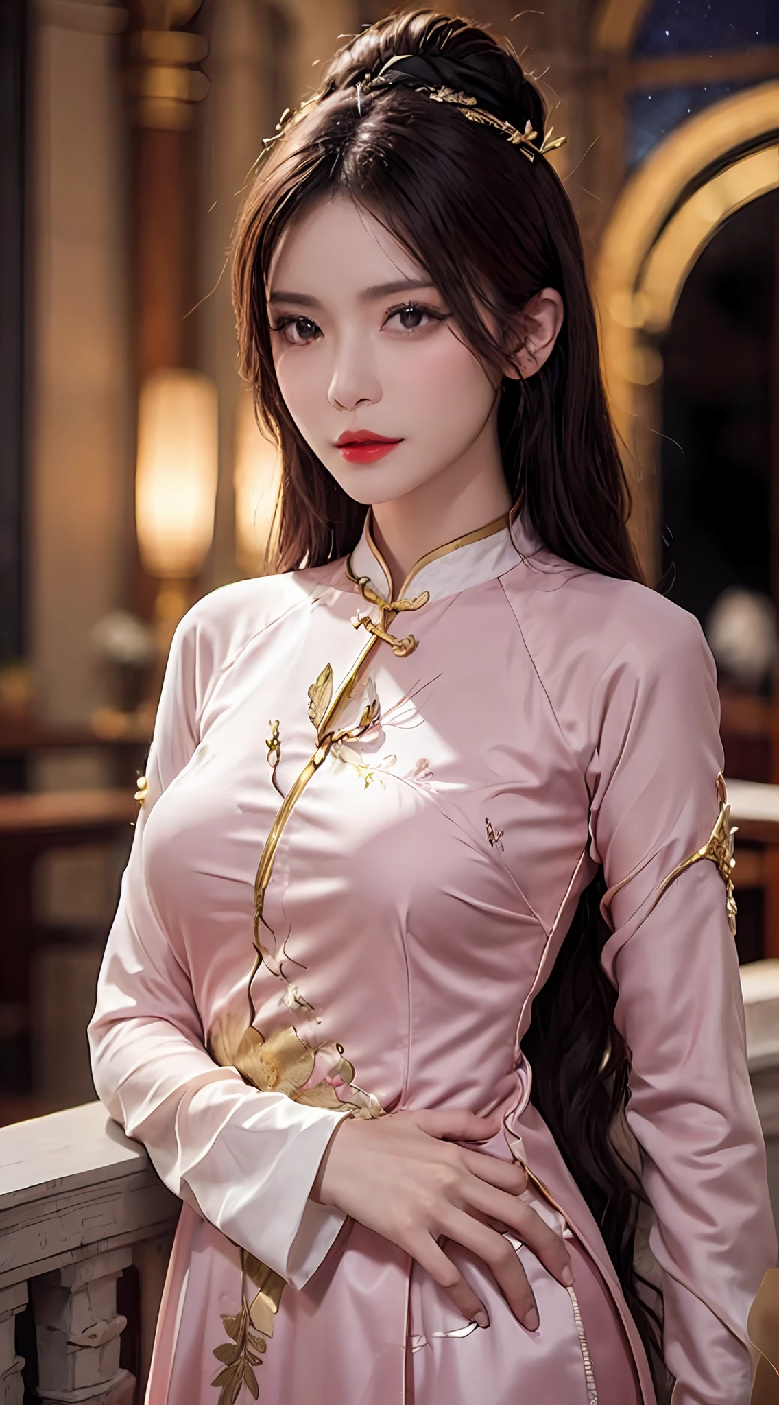 1 goddess of the zodiac from the future, wear the ao dai of the goddess of the zodiac to cover her chest, the goddess of the zodiac wears a bright yellow gold bodice, the goddess radiates a bright pink purple zodiac aura, the stars have the shape of the 12 zodiac signs, the goddess of the zodiac wearing a golden zodiac ao dai with many black details, the mythical goddess of the 12 zodiacs from the future, Zodiac sign ♏, zodiac style, dark and mystic version, Plump boobs, Red lips are balanced and very beautiful, character by karol bak and pino daeni, intricate details, detailed background, many object of background, extra highly detailed, magic lighting, a woman, clearly drawn face, beautiful face and symmetry eyes, big round eyes and very beautiful and detailed makeup, distant focus, silk clothing, mystic adornment, upper body portrait, arms loose, Realistic and vivid photo, (stars that make up the zodiac: 1.7), (zodiac sky background and fantasy portal of space and time: 1.8 ), fiction art, RAW images, style fantasy hanfu, long sleeves that cover 2 hands, 2 outstretched arms,
