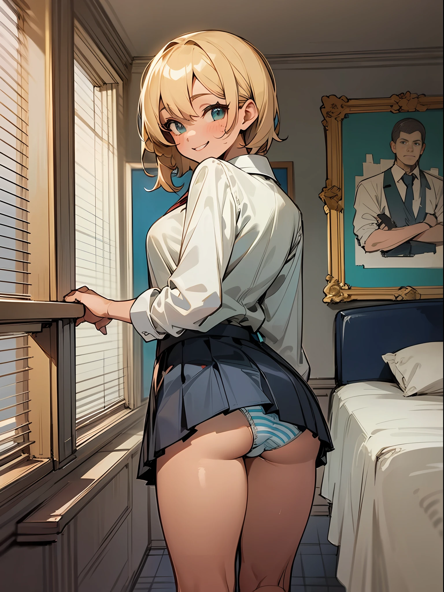 master-piece, hyper quality, hyper detailed, perfect drawing,Solo, high school girl, school uniform, miniskirt: (0.7), backwards, buttocks sticking out, big round buttocks, standing figure, ((panties fully visible)), tanned skin: (1.2), cute smile, cheeky smile, tan marks: (1.5), ( Buggy socks))), portraits, bust ups, shooting from behind obliquely below, hotel, bedroom, beautiful background, meticulous drawing, accurate drawing.