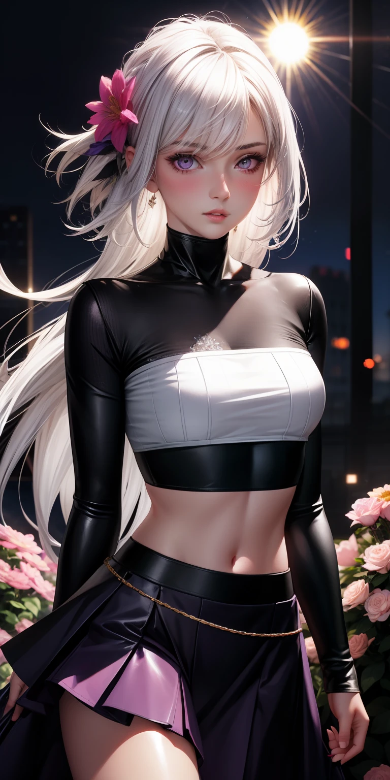 realistic, 1girl, white hair, purple eyes, glowing eyes, crop top, skirt, parted lips, blush, night, flowers, sun, sunlight,