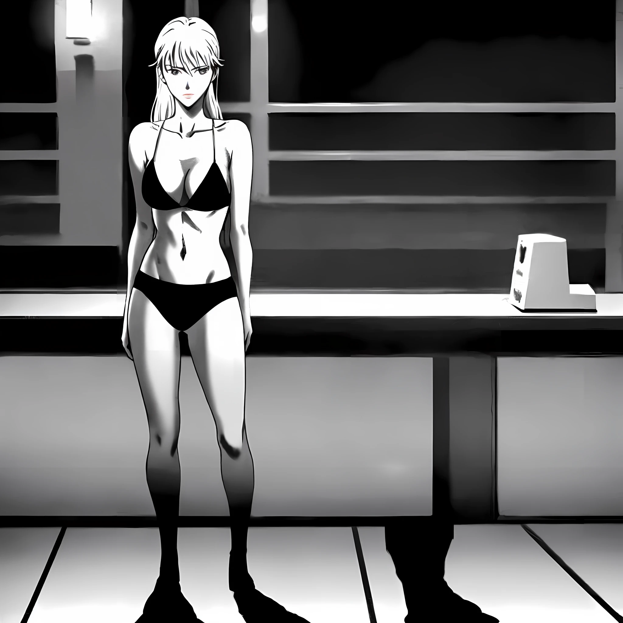 Masterpiece, Yuji Shinkawa, great Japanese master anime works, Japanese manga master works, black and white manga, grayscale, realistic night scene, a girl standing in the dark night in a fashion costume, sexy girl, slim body, big, long legs, sexy slender legs, movie lighting, light and shadow tracking, movie composition, full body standing, HD picture quality