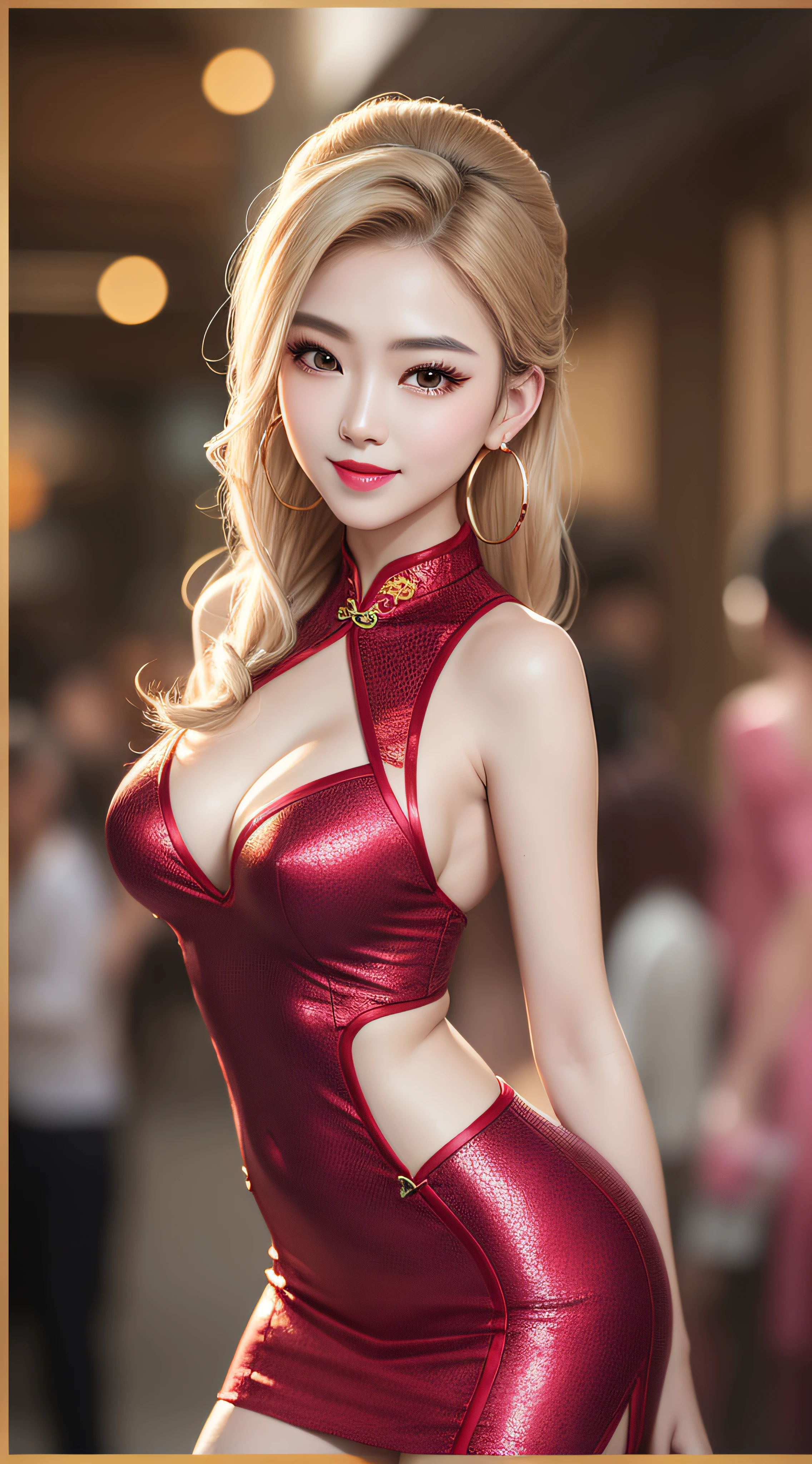 full - body portrait, Beautiful Chinese woman, AV Actress, In the bustling crowd, Slim figure, Height 1.6 meters, 34D胸, Looming breasts, Slim waist, elongated legs, 30-inch hips, Fine skin, Full forehead, slender eyebrows, red  tight-fitting cheongsam, suspender stockings, Stiletto Heels, feminine pose, blonde hair, messy hair, longeyelashes, hoop earrings, shy, smile, red lips, cinematic lighting, three sided view, multiple views, masterpiece, super detail, best quality, 8k