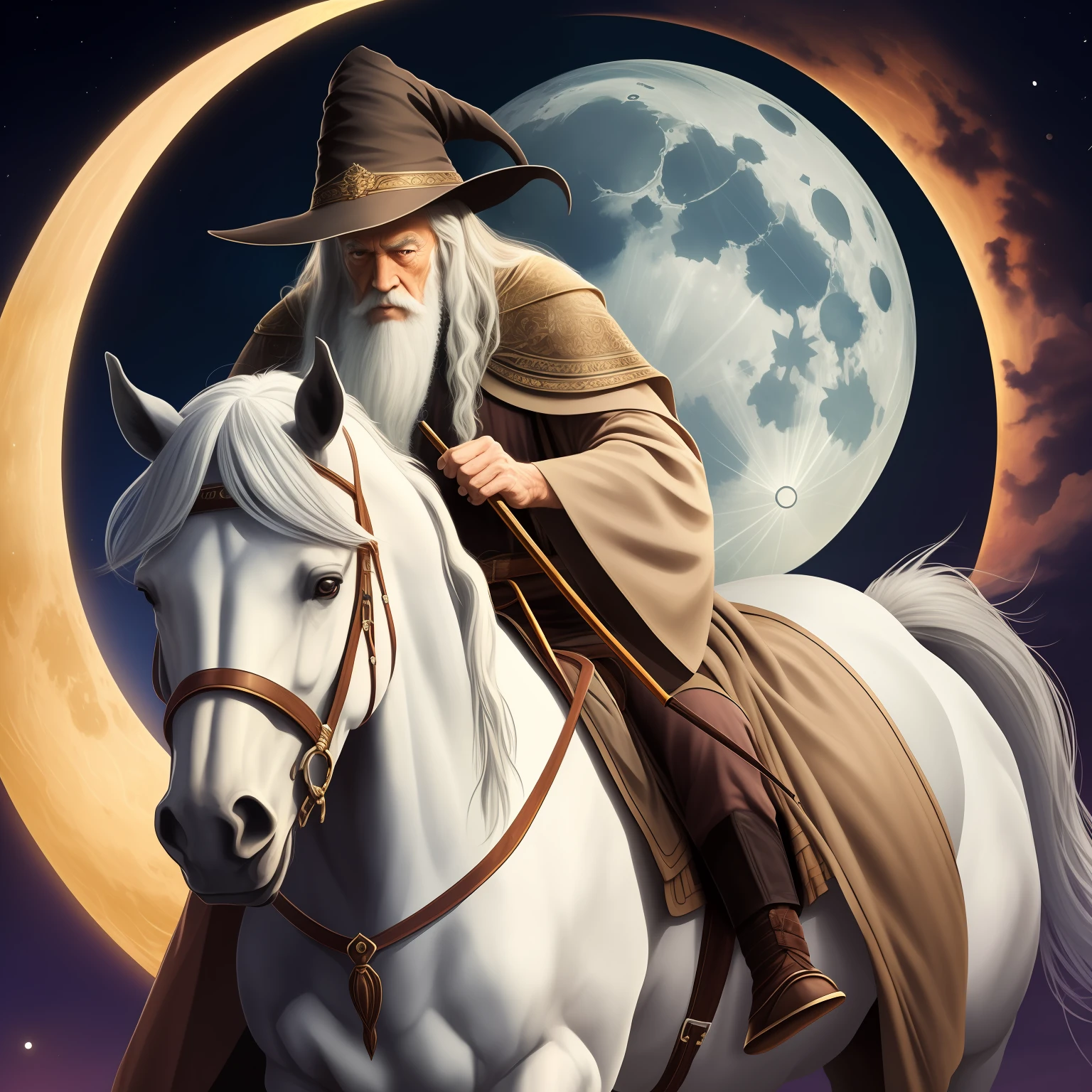 An old wizard on a horse with the background moon, age 70 years, dark brown robe, old, white horse, Gandalf, light night, staff, pointed hat, white beard, detailed, realistic, award-winning digital art, high quality
