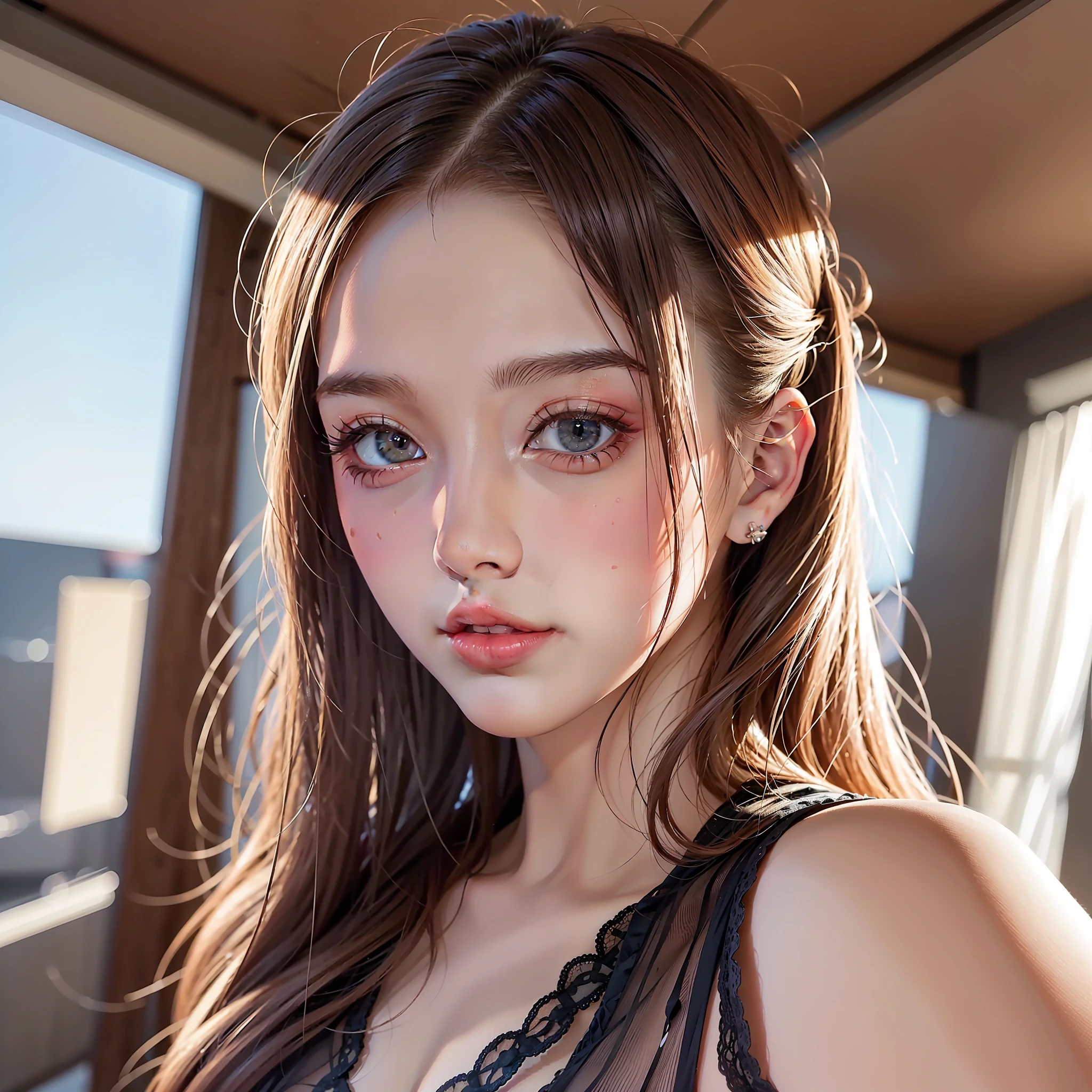 8K, Best Quality, Masterpiece, Ultra High Resolution, (Realism: 1.4), Original Photo, (Realistic Skin Texture: 1.3), (Film Grain: 1.3), (Selfie Angle), 1 Girl, Beautiful Eyes and Face Details, Masterpiece, Best Quality, Close-up, Upper Body, Looking at the Viewer