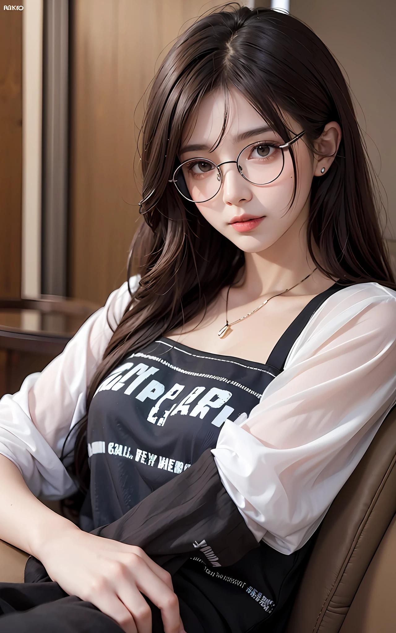 Top Quality, 8K, 4K, High Definition, Details Beautiful round glasses girl, dark hair girl, casual everyday wear, classic hotel lounge, upper body shown,