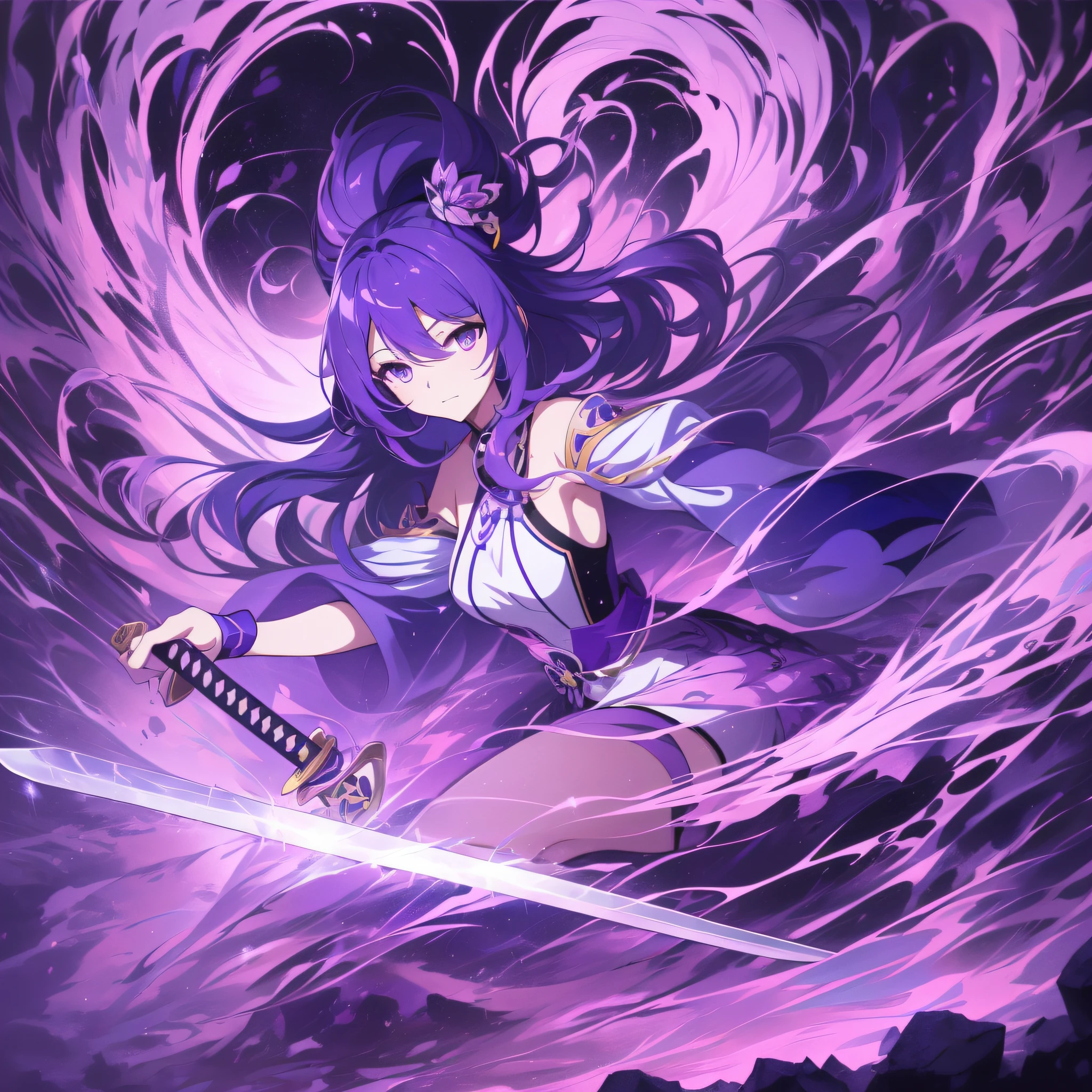 Anime girl with purple hair and purple background before katana, 4k anime wallpaper, full body, 1girl, (face, open eyes: 1.5), magic, fantasy, purple theme, (thunder: 1.3), thunderbolt, gravel, sword qi, purple background