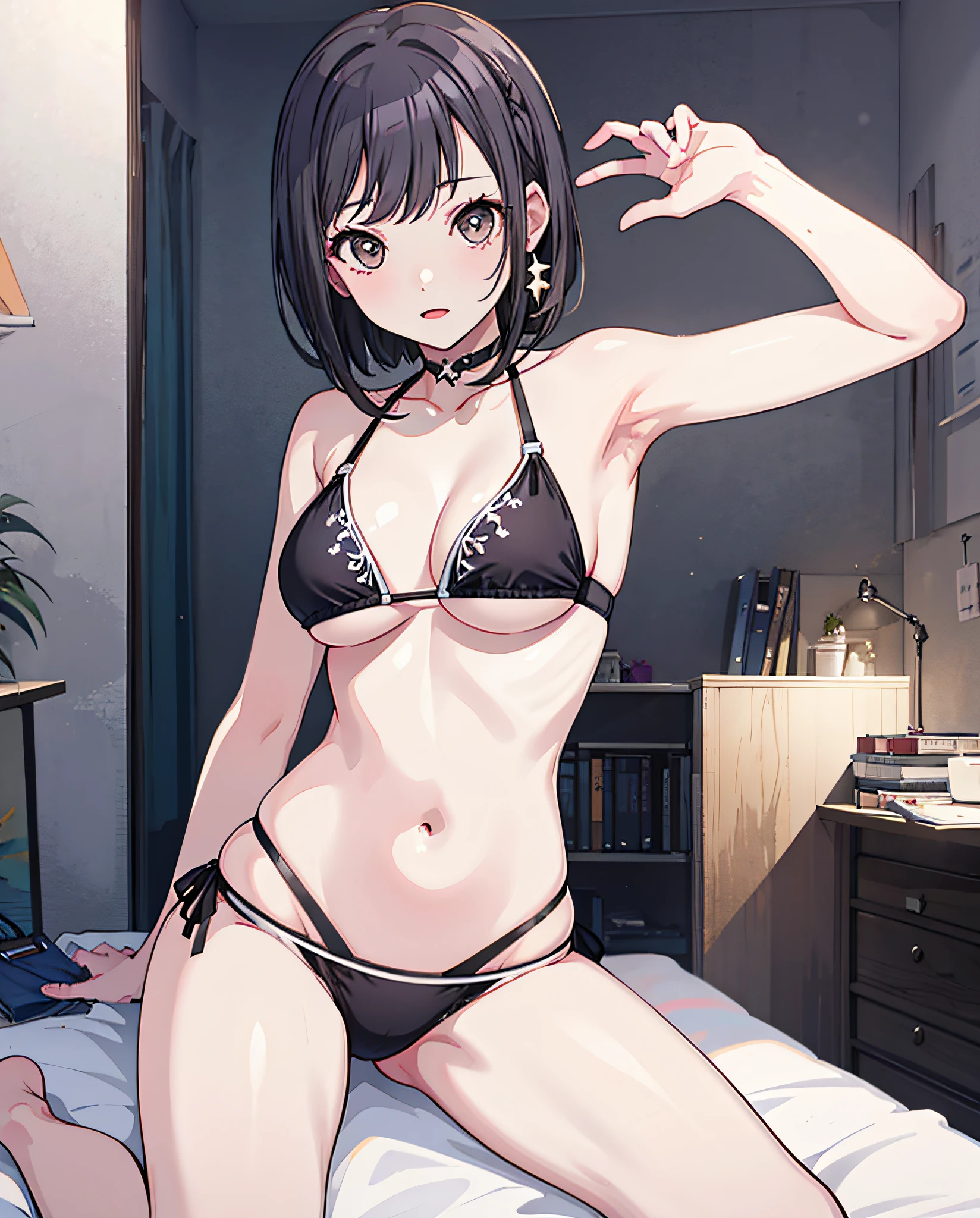 1girl, solo, shinonome ena, black embroidered bikini, in bed, seductive pose, medium boobs