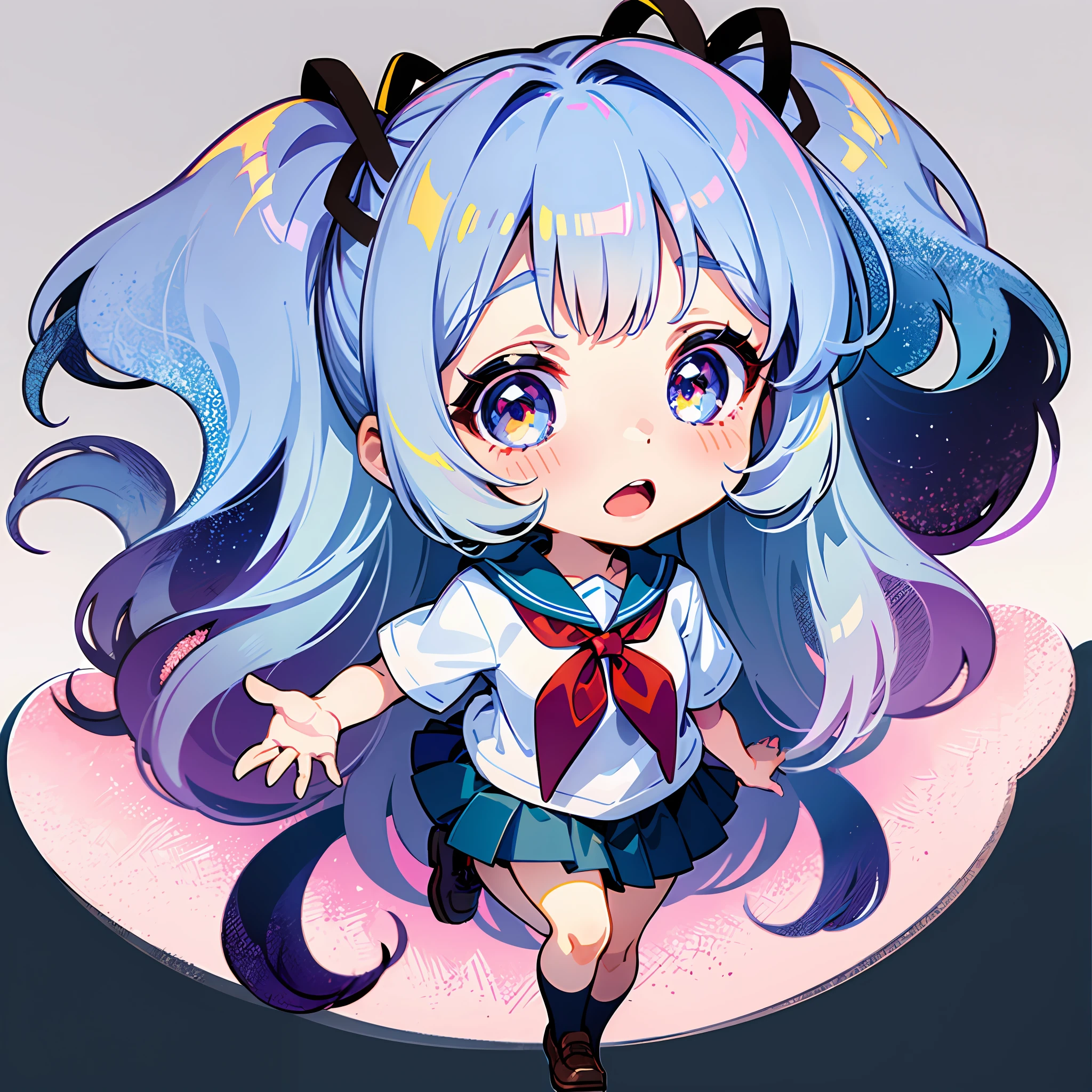 ((Sticker: 1.5))), ((Chibi character)), (white background), Fluffy, Girl, High School Student, High School Girl Costume, Miniskirt, Schoolgirl Pose, Chibi Chara, Full Body, Pastel Hair, Fairy Tale, Fantastic, Rainbow, T-shirt Design, Best Masterpiece, Best Quality, 16k, Surprised Face