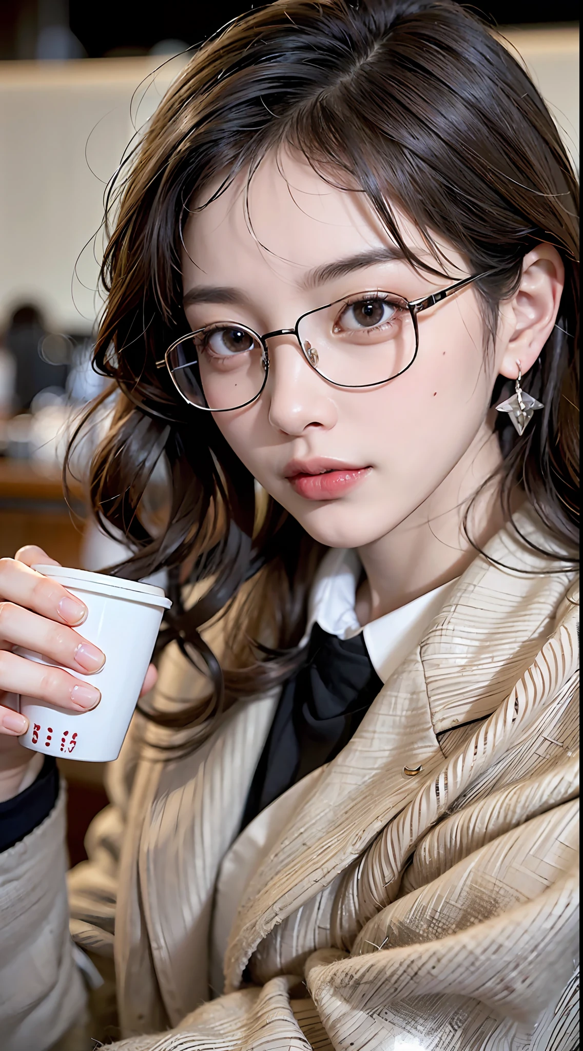 A Chinese beauty, ((in a well-tailored suit)), with a pair of slim heels, showing elegance and confidence, in a café, drinking coffee, eyes staring at the camera, coffee cup in hand, curly hair, kanzashi, bordered glasses, long eyelashes, amber eyes, crystal earrings, parted lips, hyperrealism, close up, f/4.0, 35mm, textured skin, ultra hd, ultra hd, retina, masterpiece, high resolution, best quality, 8k