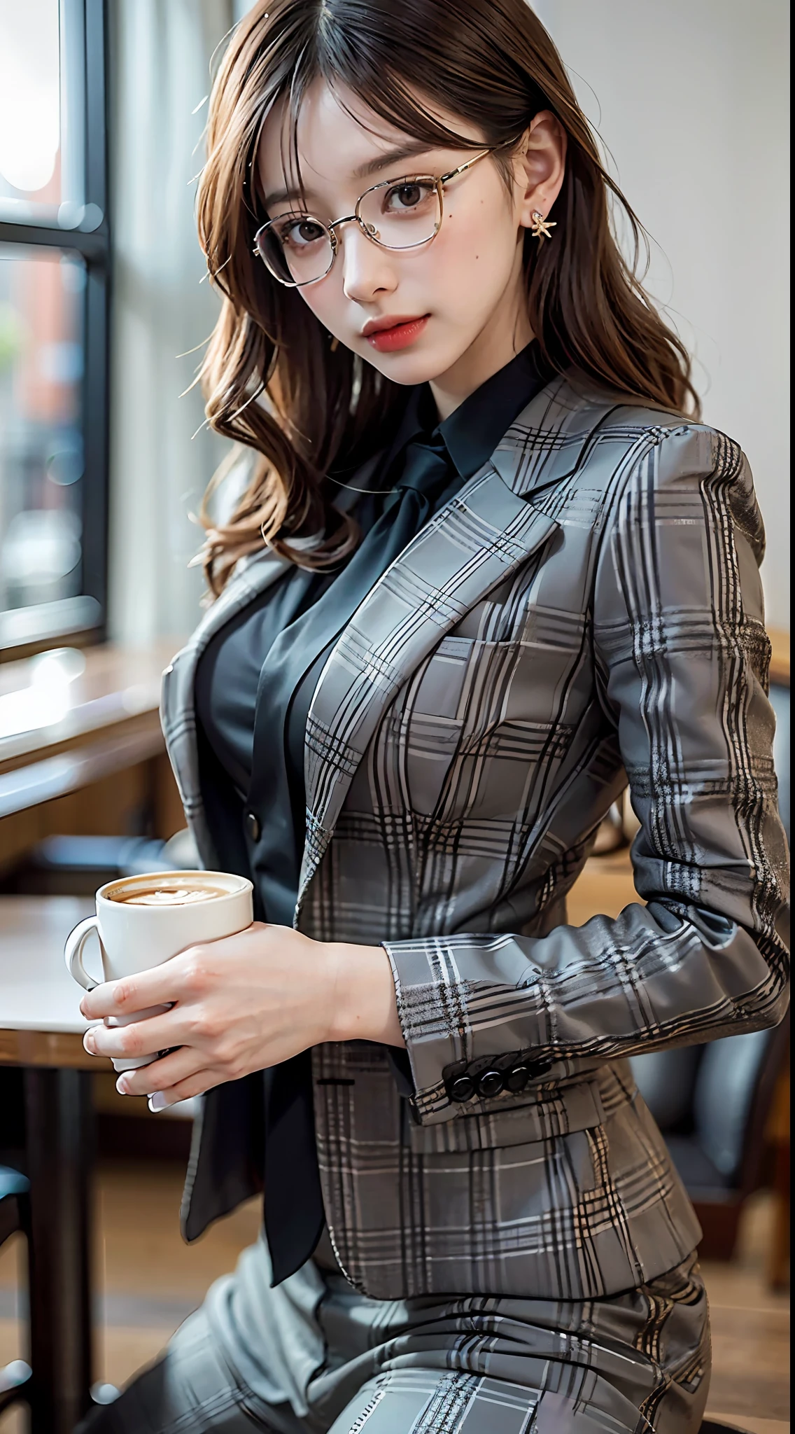 A Chinese beauty, ((in a well-tailored suit)), with a pair of slim heels, showing elegance and confidence, in a café, drinking coffee, eyes staring at the camera, coffee cup in hand, curly hair, kanzashi, bordered glasses, long eyelashes, amber eyes, crystal earrings, parted lips, hyperrealism, close up, f/4.0, 35mm, textured skin, ultra hd, ultra hd, retina, masterpiece, high resolution, best quality, 8k