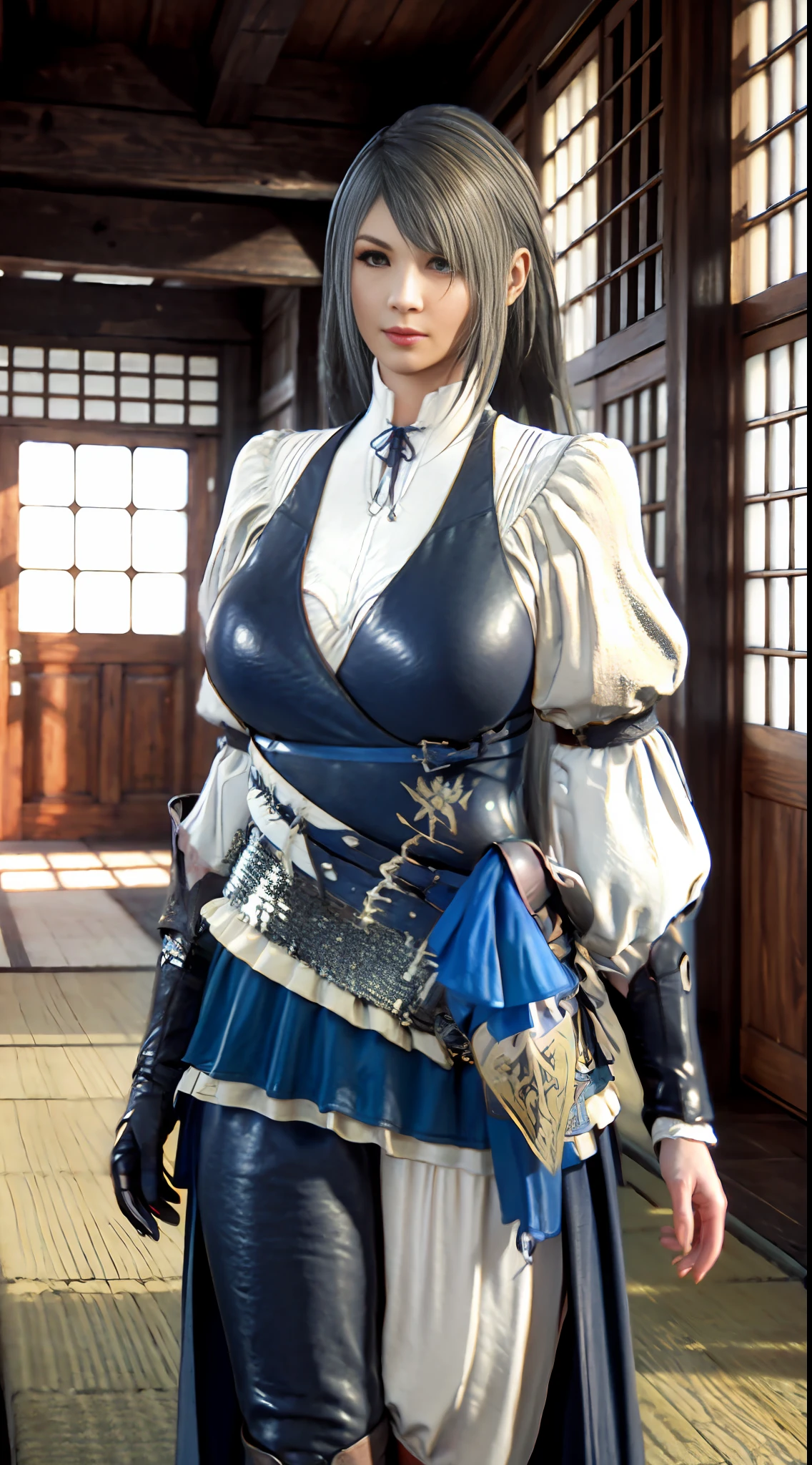 Unreal Engine, Realistic Rendering, Excellent, full armor, glove, milf, looking on viewer, character, final fantasy 16, cosplayer, walking down hallway of kyoto castle, beautiful face, makeup, ((top body is hyperrealistic slim and hyper gigantic breasts)), lower is huge buttocks, shiny skin, nlack long hair, bokeh, masterpiece, highres, 1080P, UHD