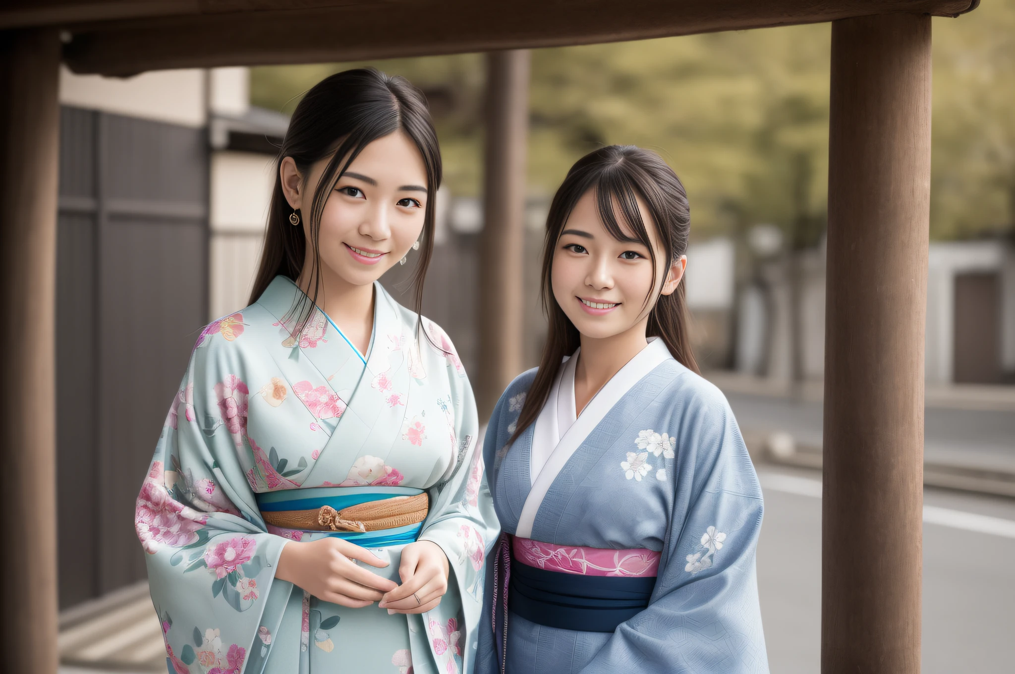 (8k, RAW photo, top quality, masterpiece: 1.2), (realistic, photorealistic), ultra detail, ultra high resolution, 2 girls, beautiful detailed face, smile, constriction, slim waist, kimono, beautiful detailed skin, skin texture, professional lighting, walking outside, in the city, Japan people, kyoto, chatting, laughing