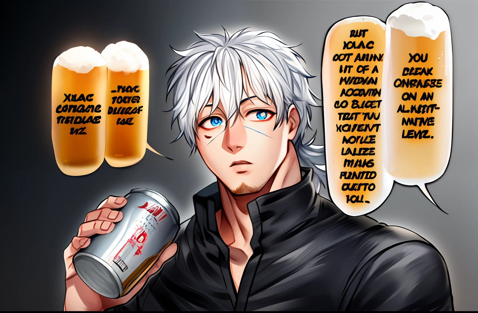 Man with a can of beer in his hand, white hair, blue eyes, black clothes, masterpiece, best quality, ultra detailed, illustration, disheveled hair (highly detailed skin: 1.2), (skin texture), (pores of skin), 8k uhd, dslr, soft lighting, high quality, film grain, Fujifilm XT3