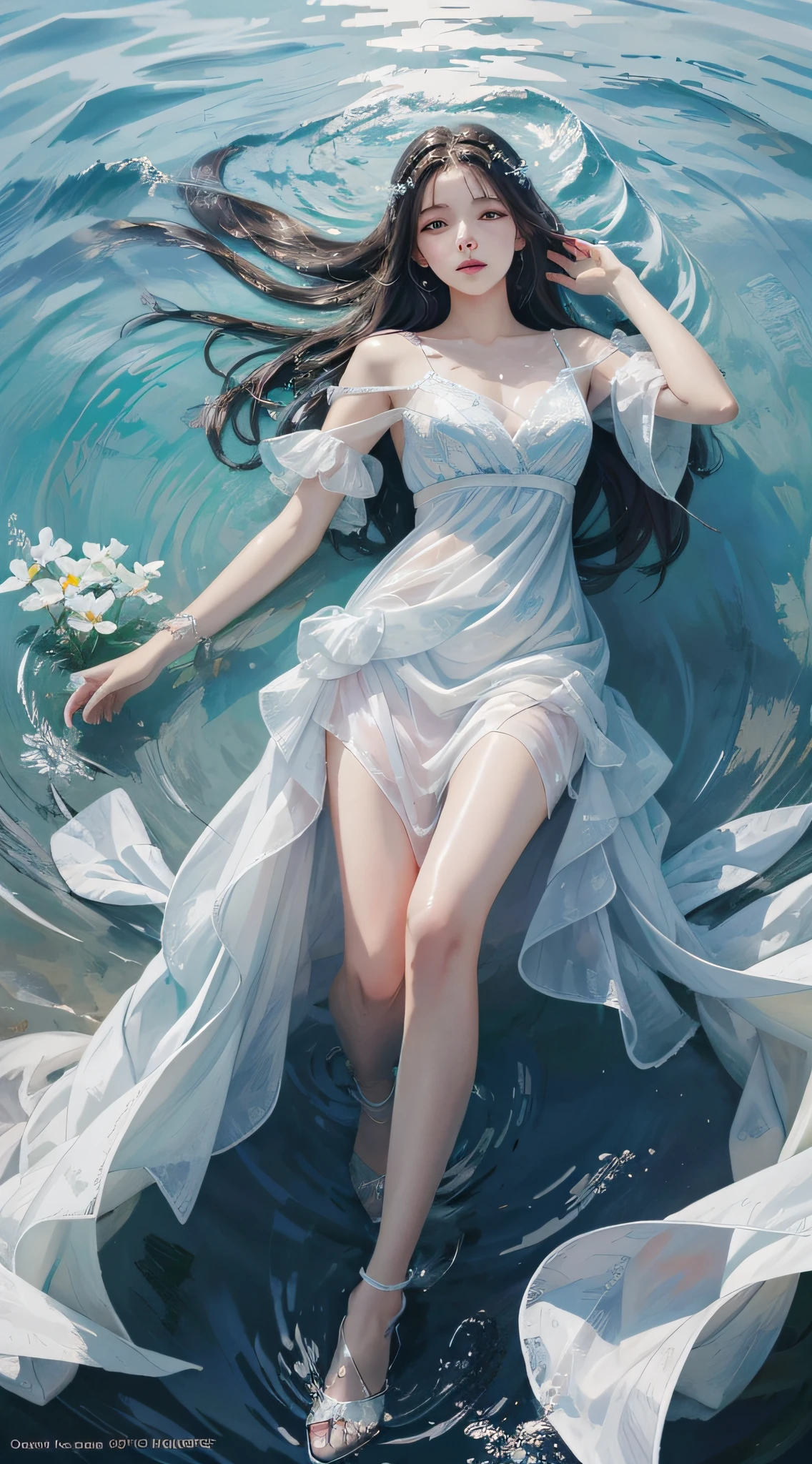 Best Quality, Masterpiece, Ultra High Resolution, (Realism: 1.4), Original Photo, Cold Light, Water Under a Woman in White Dress, Full Body Photo, Wallpaper Anime Blue Water, Gouviz Style Artwork, Close-up Fantasy with Water Magic, By Yang J, Guvitz, Beautiful Artwork Illustration, Water Nymph, Beautiful Digital Artwork, Beautiful Digital Illustration, Li Song, Beautiful Anime Portrait, Art Style in Bovoort