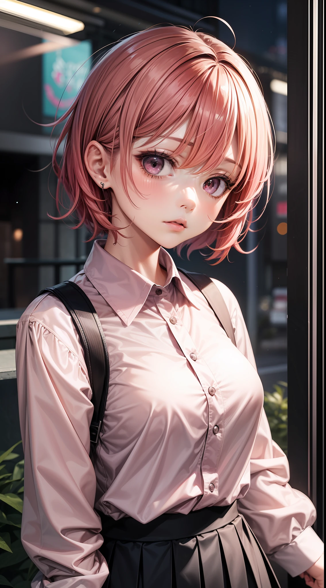1 girl, 22 years old, short pink hair, Japanese anime style, confused, in the evening, collared long sleeve shirt, pleated skirt, pink long sleeve collared shirt