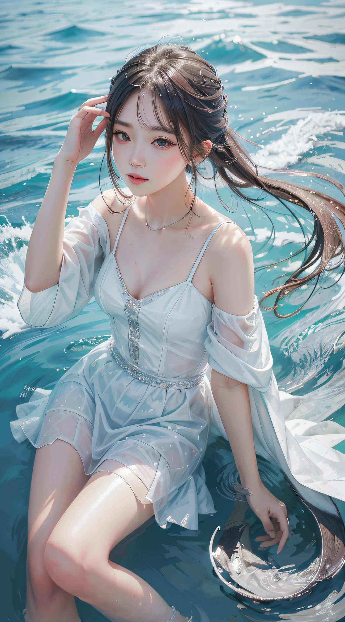 Best Quality, Masterpiece, Ultra High Resolution, (Realism: 1.4), Original Photo, Cold Light, Water Under a Woman in White Dress, Full Body Photo, Wallpaper Anime Blue Water, Gouviz Style Artwork, Close-up Fantasy with Water Magic, By Yang J, Guvitz, Beautiful Artwork Illustration, Water Nymph, Beautiful Digital Artwork, Beautiful Digital Illustration, Li Song, Beautiful Anime Portrait, Art Style in Bovoort