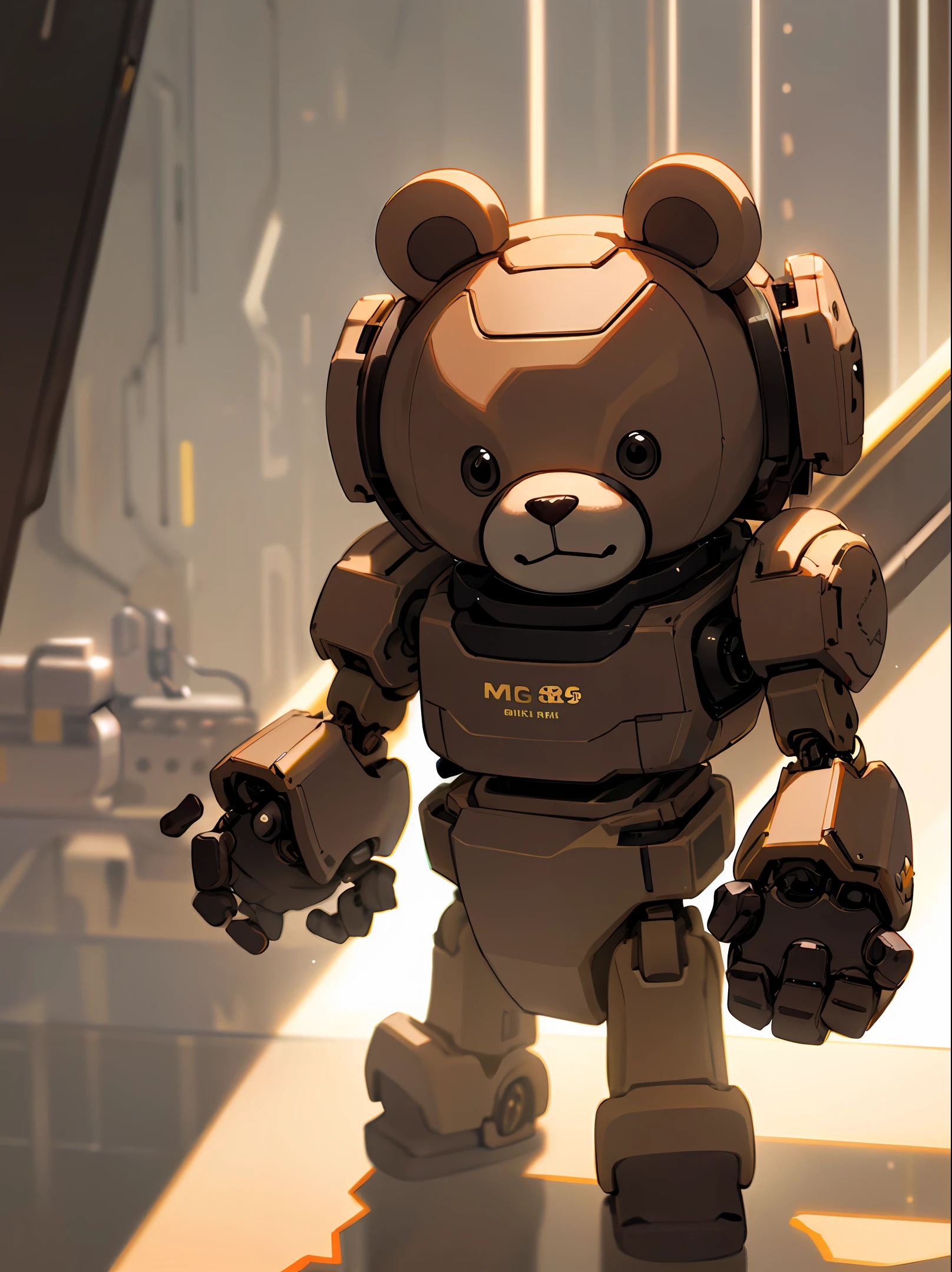 teddy bear, standing, non-hateful face, 8k, delicate, brown, round-eyed, small, body mechanical