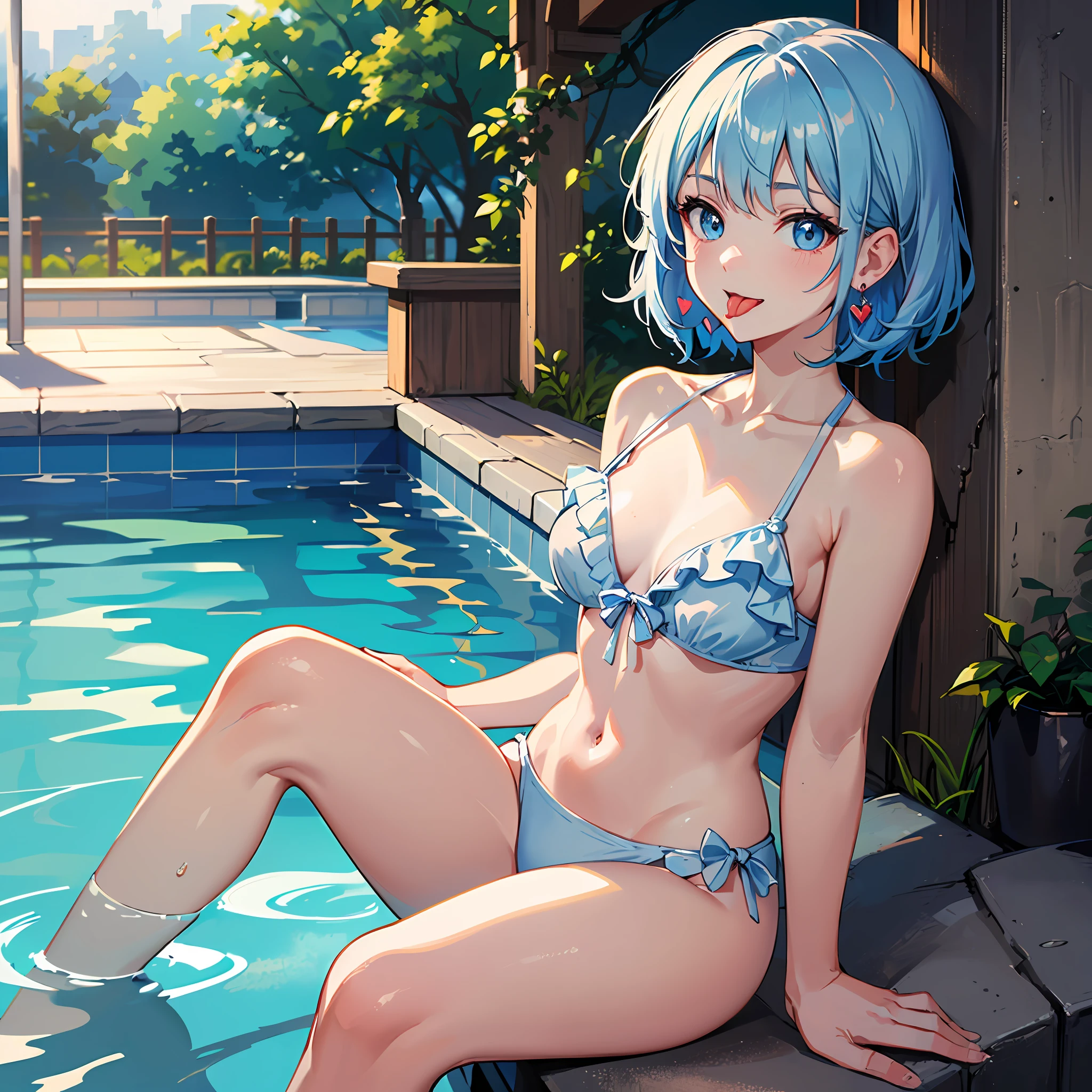 (((Masterpiece)))), ((Best Quality))), Hi-Res, On Thighs, Standing, Sitting, (Cute One Girl))), Solo, White Skin, Small, Eight-headed, (Light Blue Hair), ((Short Hair)), (Straight Bangs)), Beautiful Hair, Blue Eyes, Beautiful Eyes in Detail, (((Tongue)), Red Face, Heart, Swimsuit, Ruffles, Earrings, Outdoor, Pool, Shadow Lighting,