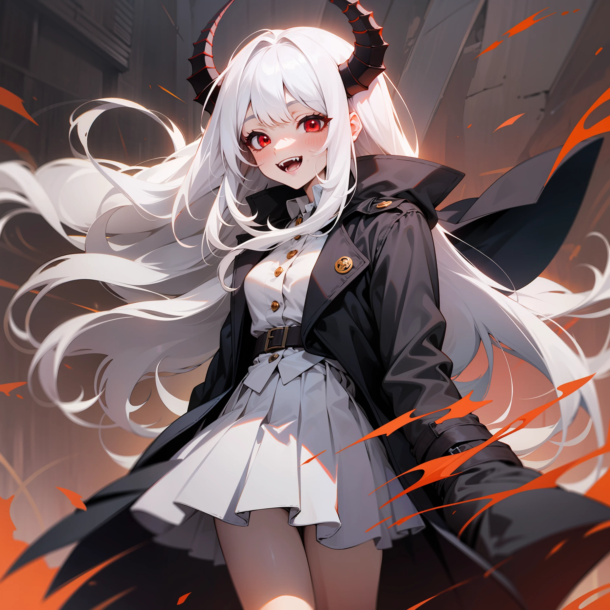 A girl, demon, white hair, long hair, dark red eyes, surrounded by the battlefield, wearing a long black trench coat, wearing a white skirt, hair fluttering in the wind, trench coat fluttering in the wind, full body like, laughing, fangs, Q version