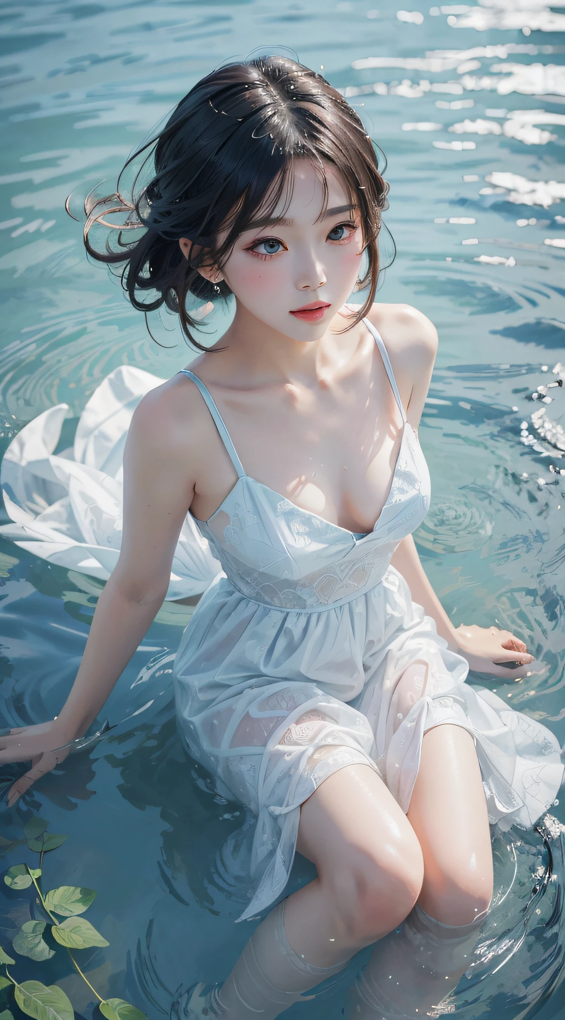 Best Quality, Masterpiece, Ultra High Resolution, (Realism: 1.4), Original Photo, Cold Light, Water Under a Woman in White Dress, Full Body Photo, Wallpaper Anime Blue Water, Gouviz Style Artwork, Close-up Fantasy with Water Magic, By Yang J, Guvitz, Beautiful Artwork Illustration, Water Nymph, Beautiful Digital Artwork, Beautiful Digital Illustration, Li Song, Beautiful Anime Portrait, Art Style in Bovoort