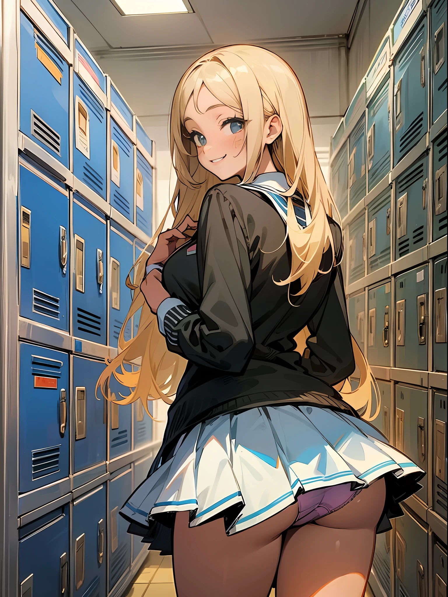 master-piece, hyper quality, hyper detailed, perfect drawing,Solo, high school girl, school uniform, miniskirt: (0.7), backwards, buttocks sticking out, big round buttocks, standing figure, ((panties fully visible)), tanned skin: (1.2), cute smile, cheeky smile, tan marks: (1.5), ( Buggy socks))), portraits, bust-ups, shooting from the back diagonally below, changing rooms, locker rooms, beautiful backgrounds, meticulous drawings, accurate drawings.
