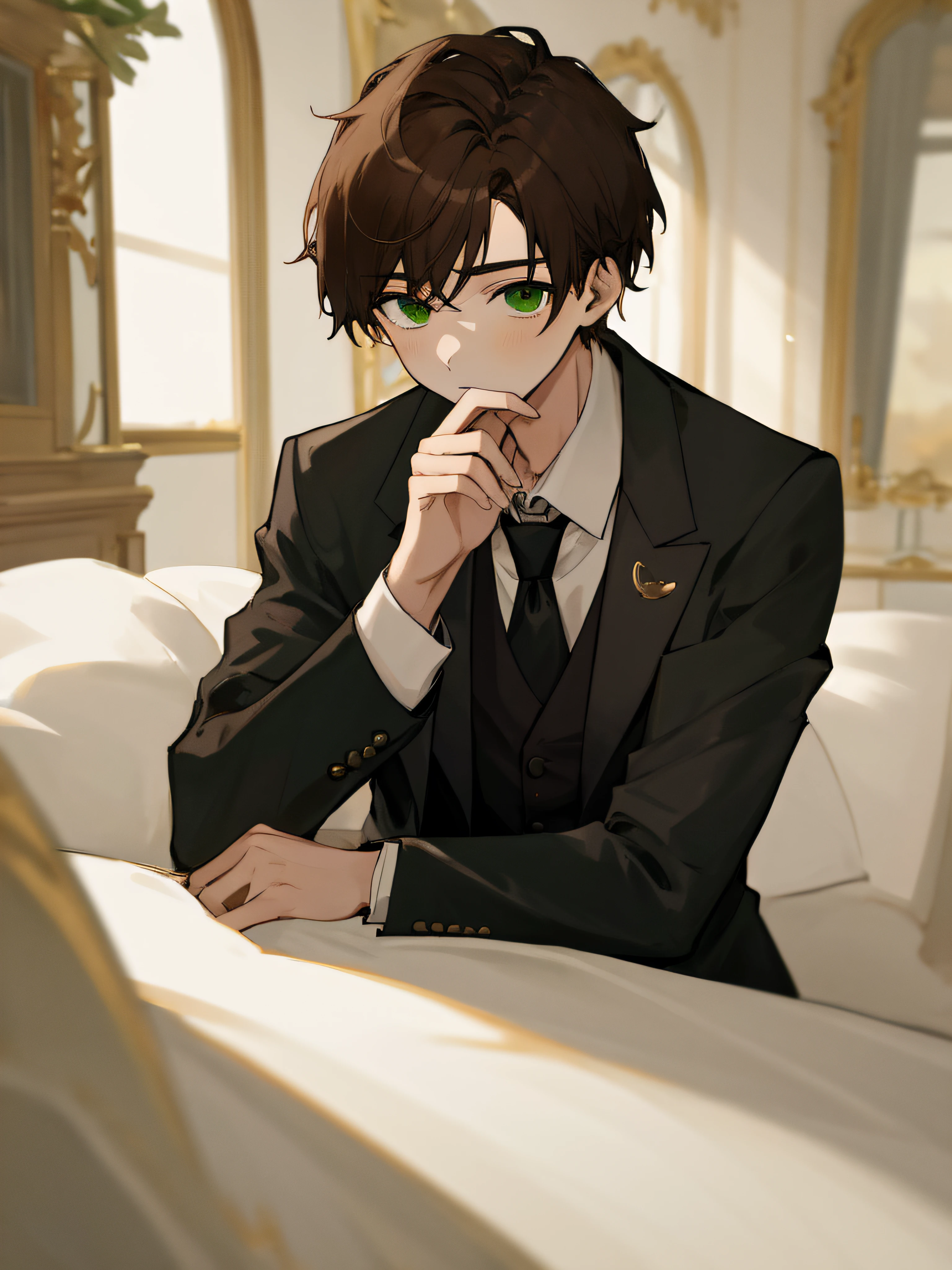 (masterpiece, best quality, absurdres), 1boy, solo, solofocus, brown hair, short hair, green eyes, ager, super closeup, indoors, formal clothing, suit, mansion