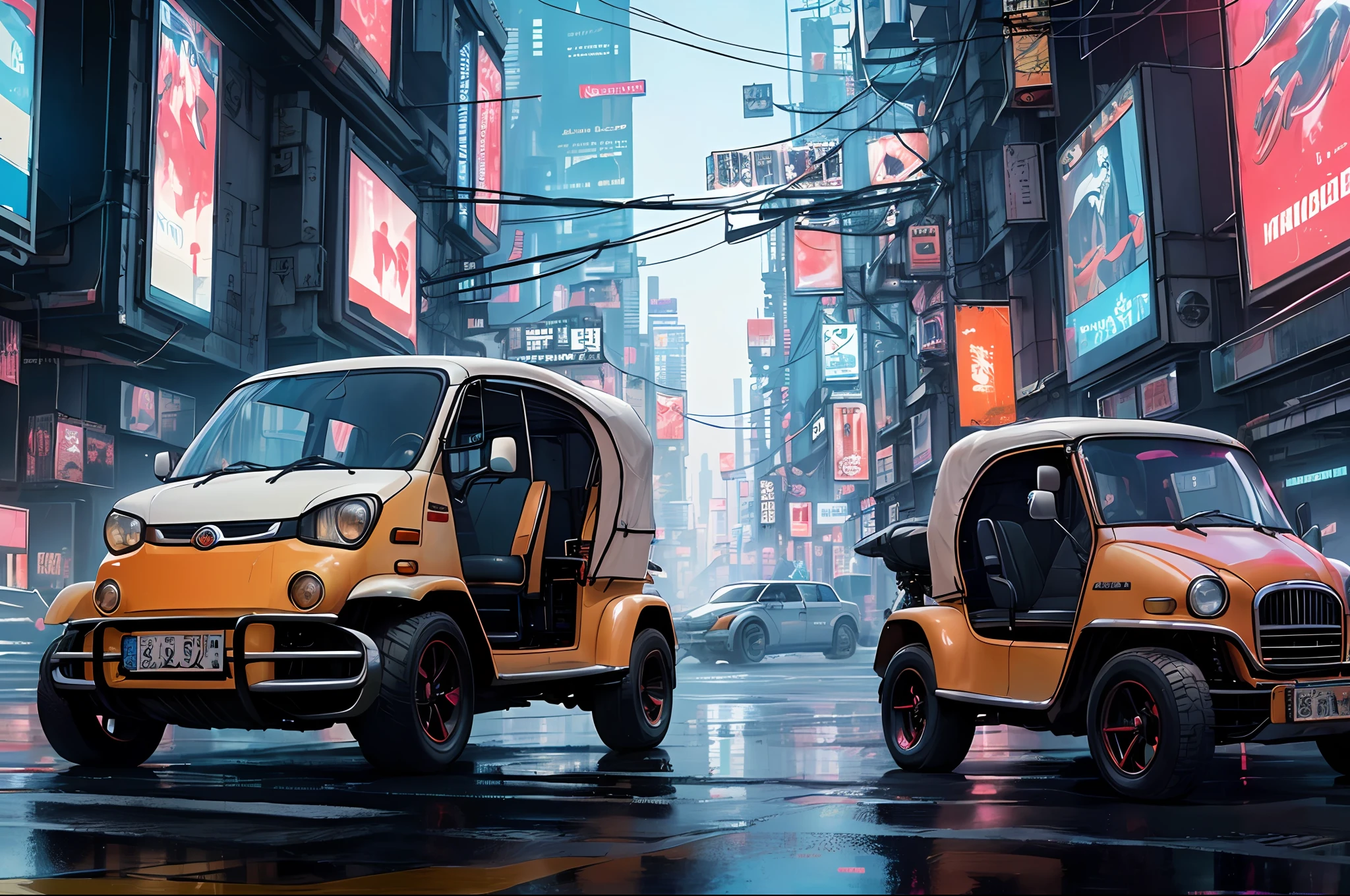 (at late night:1.3), , (detailed beautiful skin textures, detailed beautiful face, ultra detailed clothing textures), , (Cyberpunk:1.4), , (an ultra detailed four-wheeled and long bonnet tuk-tuk and letter-tires), , (3/4 front view, The car is in the center of the frame), , (at parking area, at ultra detailed Night City of Cyberpunk), (All cars are classic cars with cyberpunk costumed), , (soft lighting), , (masterpiece, best quality:1.4, 128k, ultra detailed, illustration, distinct_image, intricate_details, delicate illustration), (realistic:0.15),